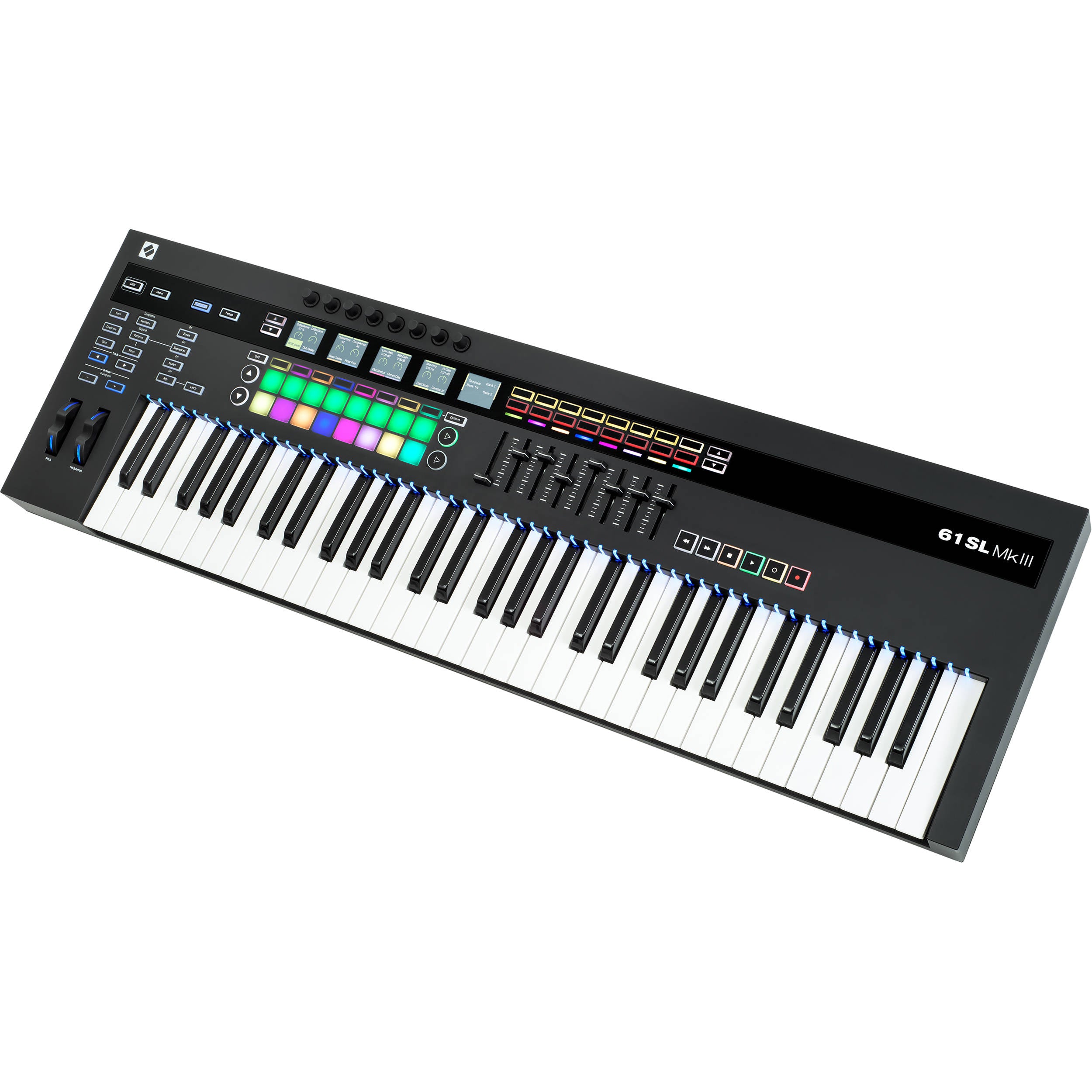 Novation 61SL MK3 MIDI keyboard with 61 keys and control knobs, showing a sleek black design and control surface.