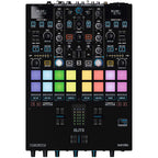 Reloop ELITE DJ mixer with multiple knobs, faders, and input ports, designed for professional DJ mixing and performance.