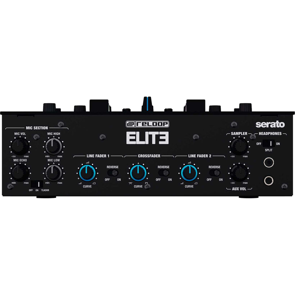 Reloop ELITE DJ mixer with touch-sensitive controls and multiple channels, professional-grade audio interface for DJing.
