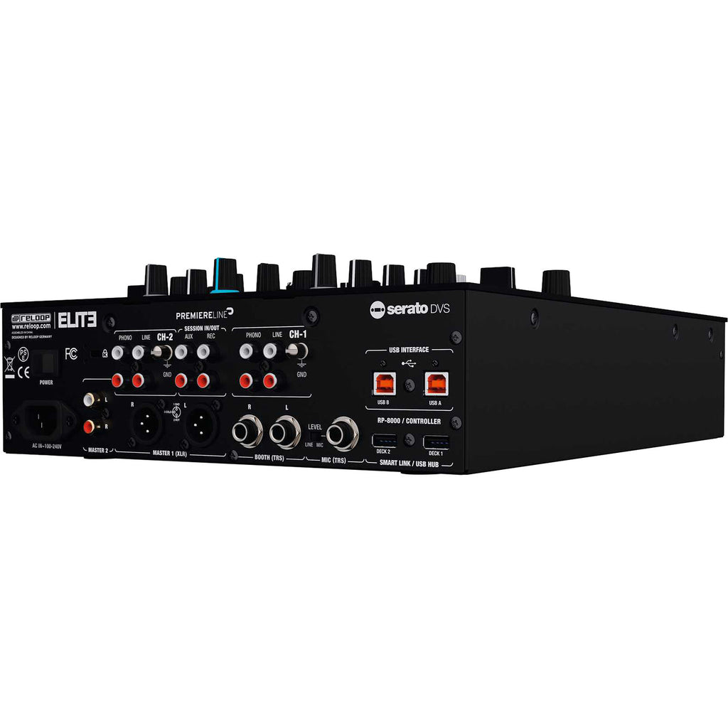 Reloop ELITE DJ mixer with multiple channels, knobs, and sliders for professional DJ performances and mixing.