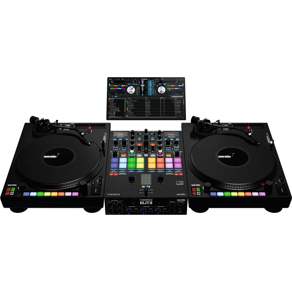 Reloop ELITE DJ mixer with dual turntable inputs, professional controls, and digital interface for seamless music mixing.