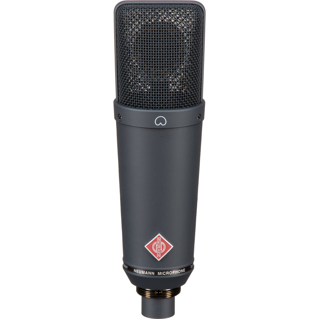 Neumann TLM 193 condenser microphone with a sleek black design on a stand, ready for professional studio recording.