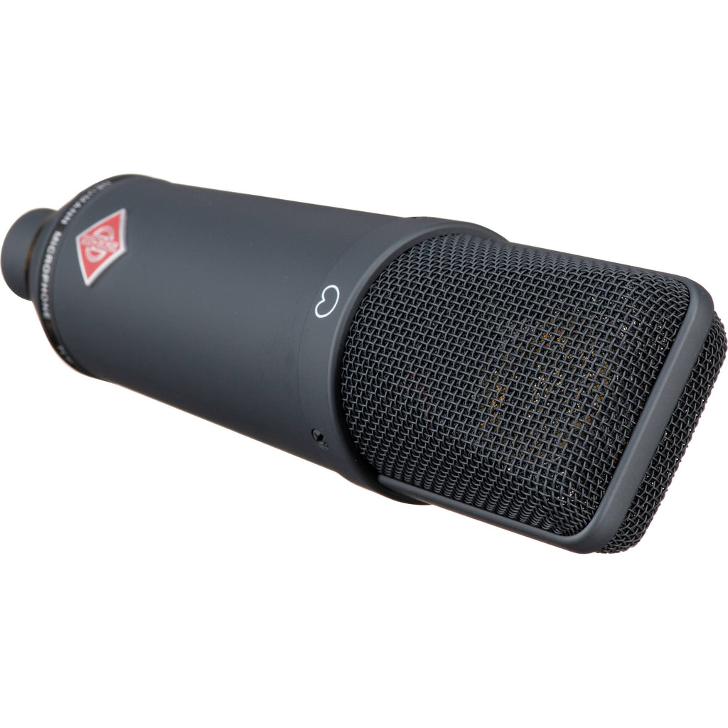 Neumann TLM 193 condenser microphone with metal grille and professional audio interface, used for studio recording.