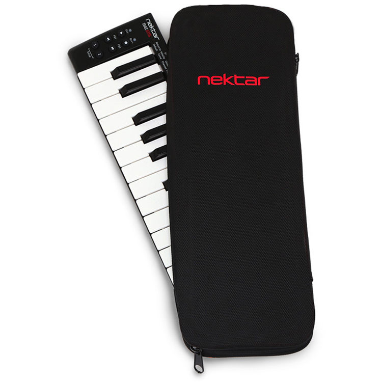Nektar SE25 MIDI keyboard with 25 keys, pitch bend and modulation wheels, compact design, black finish, ideal for music production.