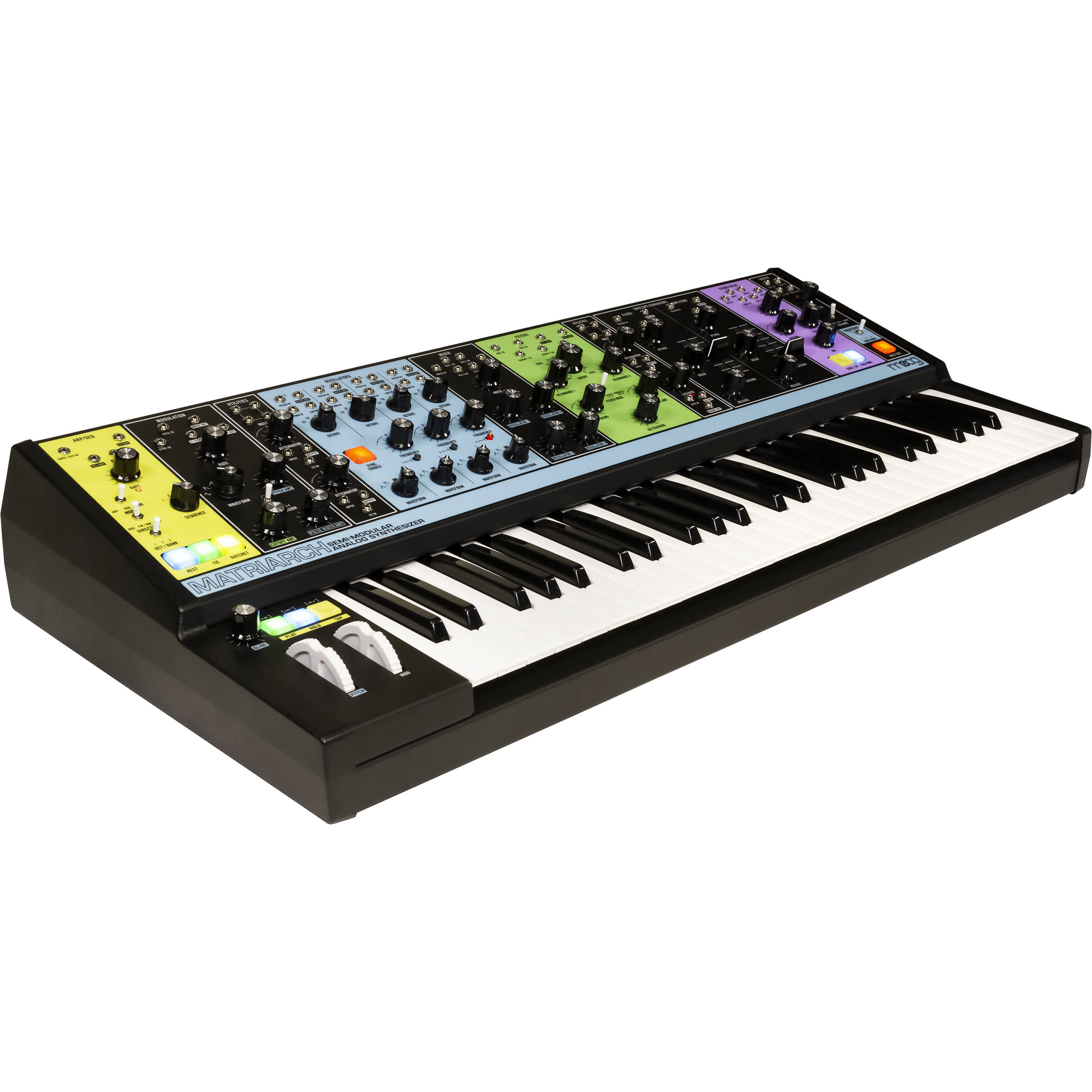 Moog Matriarch synthesizer with keyboard, featuring knobs, switches, and patch points for versatile sound creation.