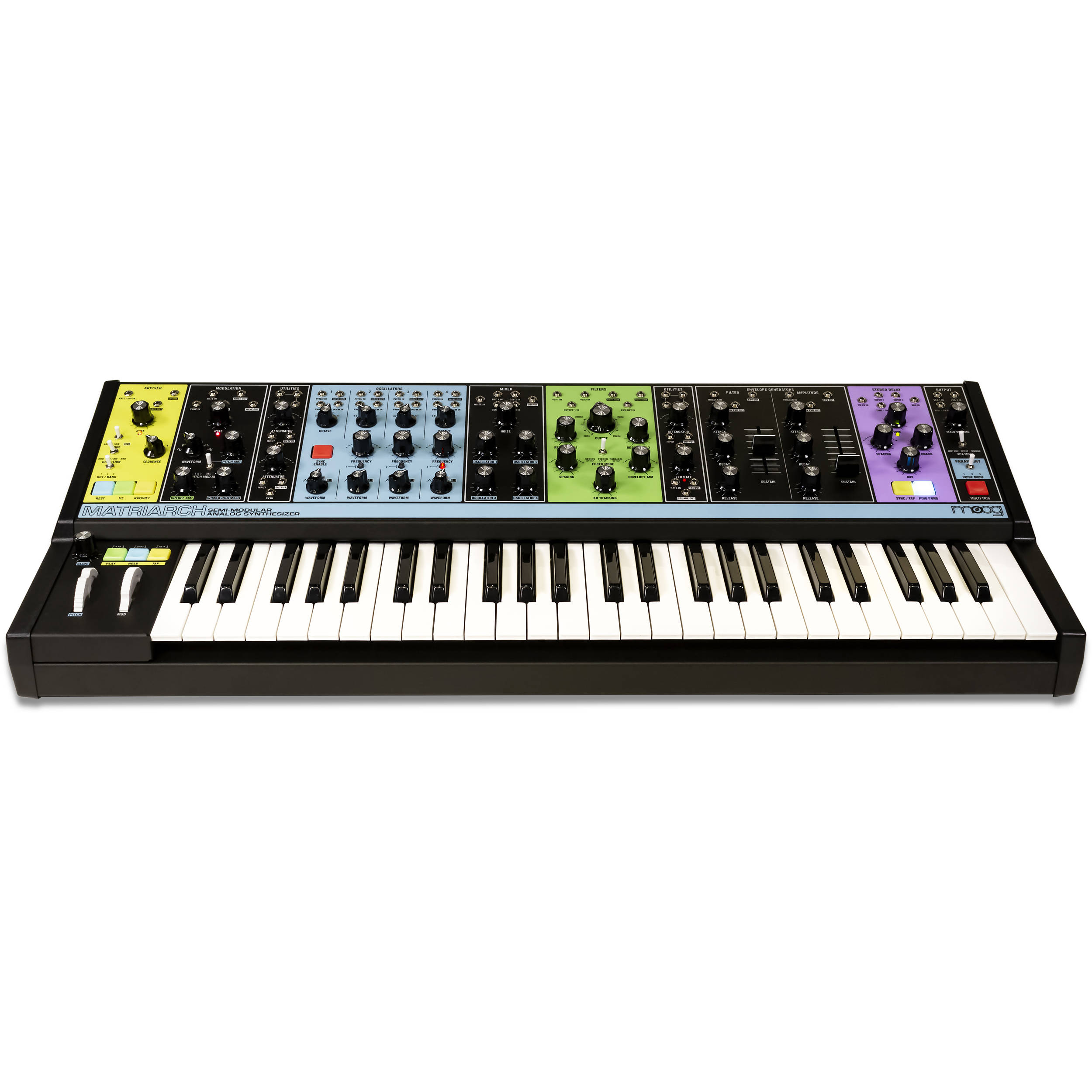 Moog Matriarch synthesizer with keyboard and patch cables displayed on a stand, showing its knobs and control panel.