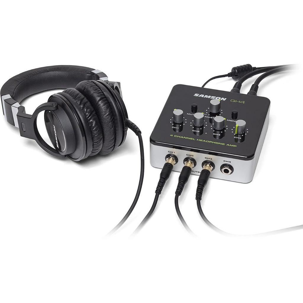 Samson QH4 headphone preamps with four output channels and sleek design for clear audio monitoring.