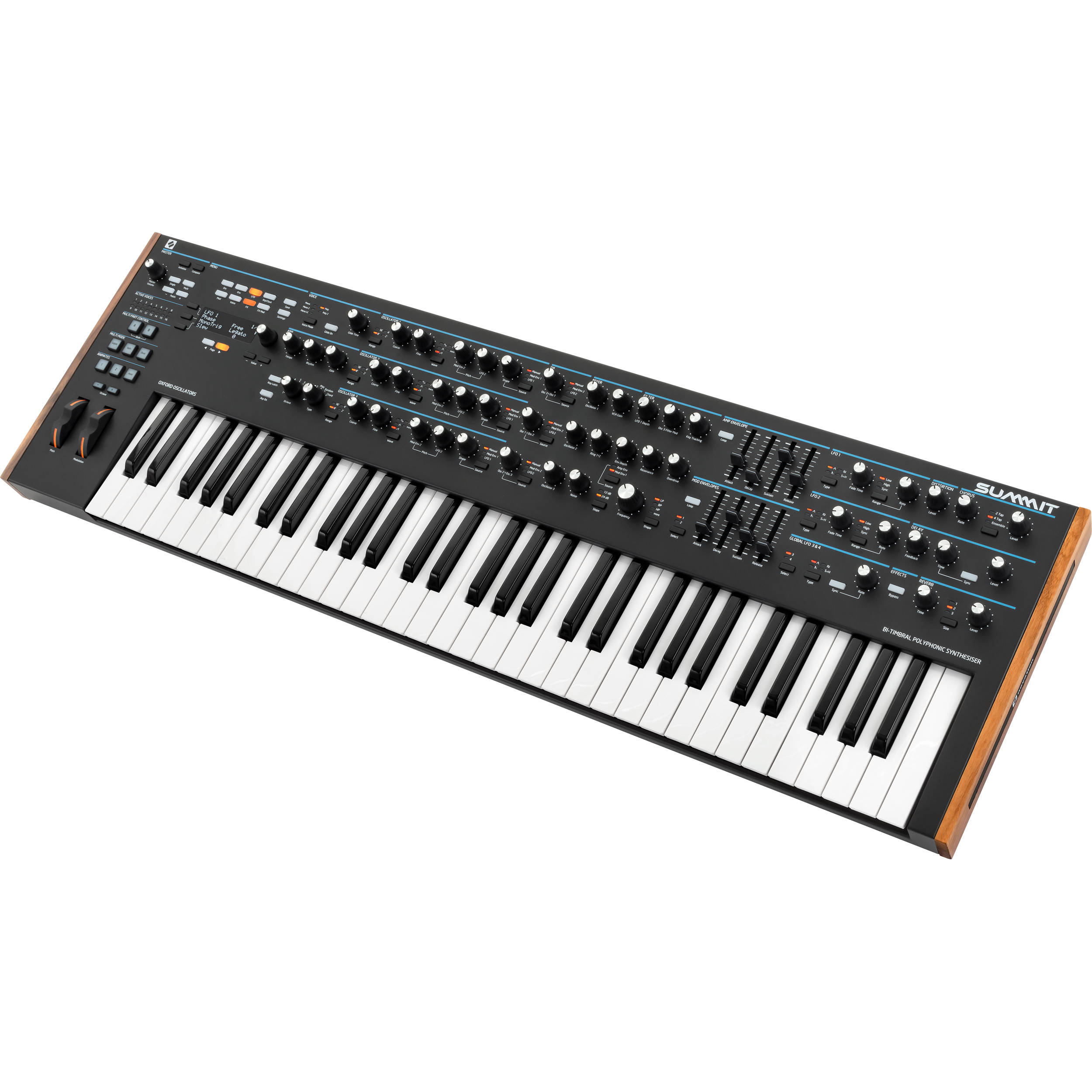 Novation Summit synthesizer with multiple knobs, buttons, and a large display screen, showcasing its professional audio equipment design.