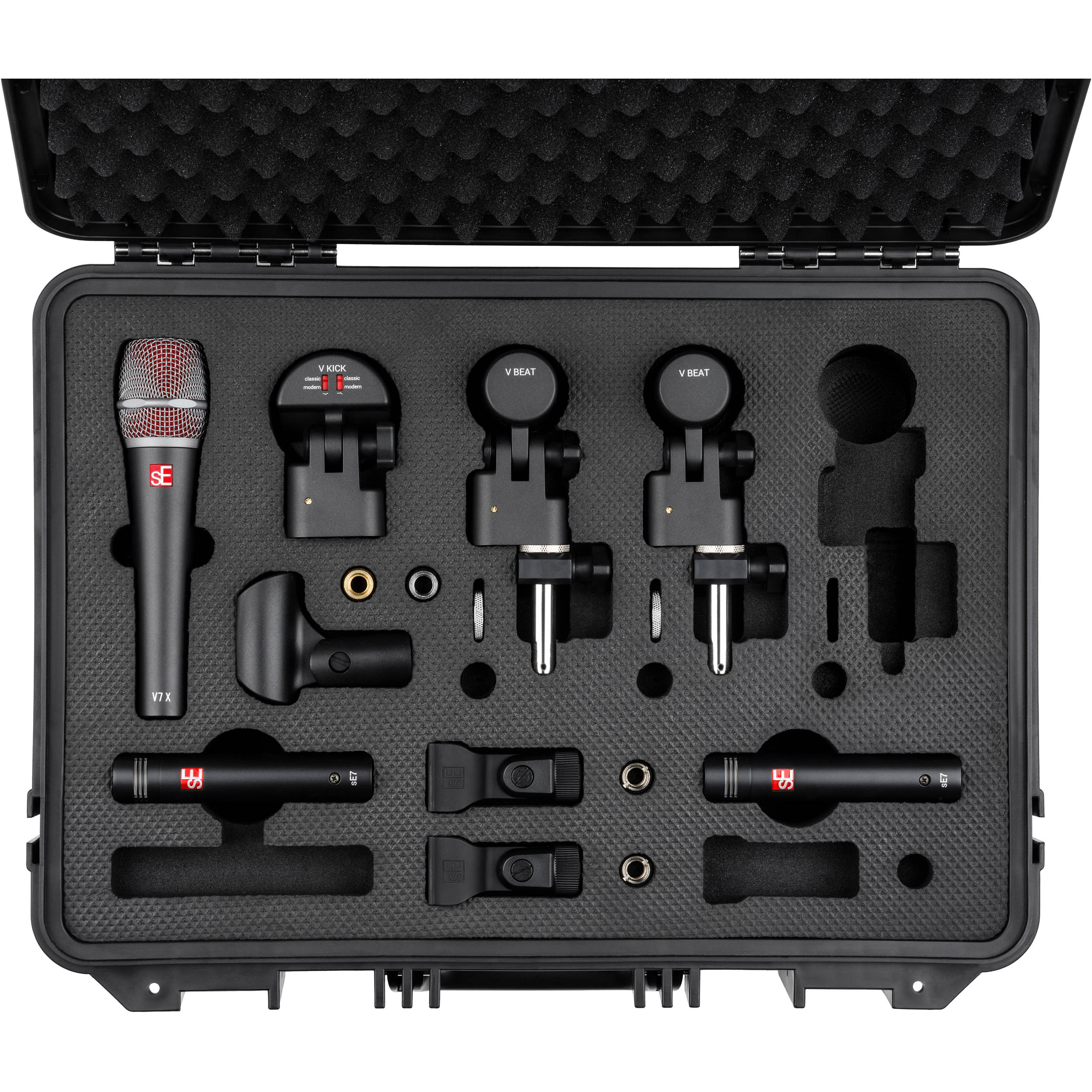 sE Electronics V Pack Club dynamic microphones set with multiple handheld microphones on a stand.