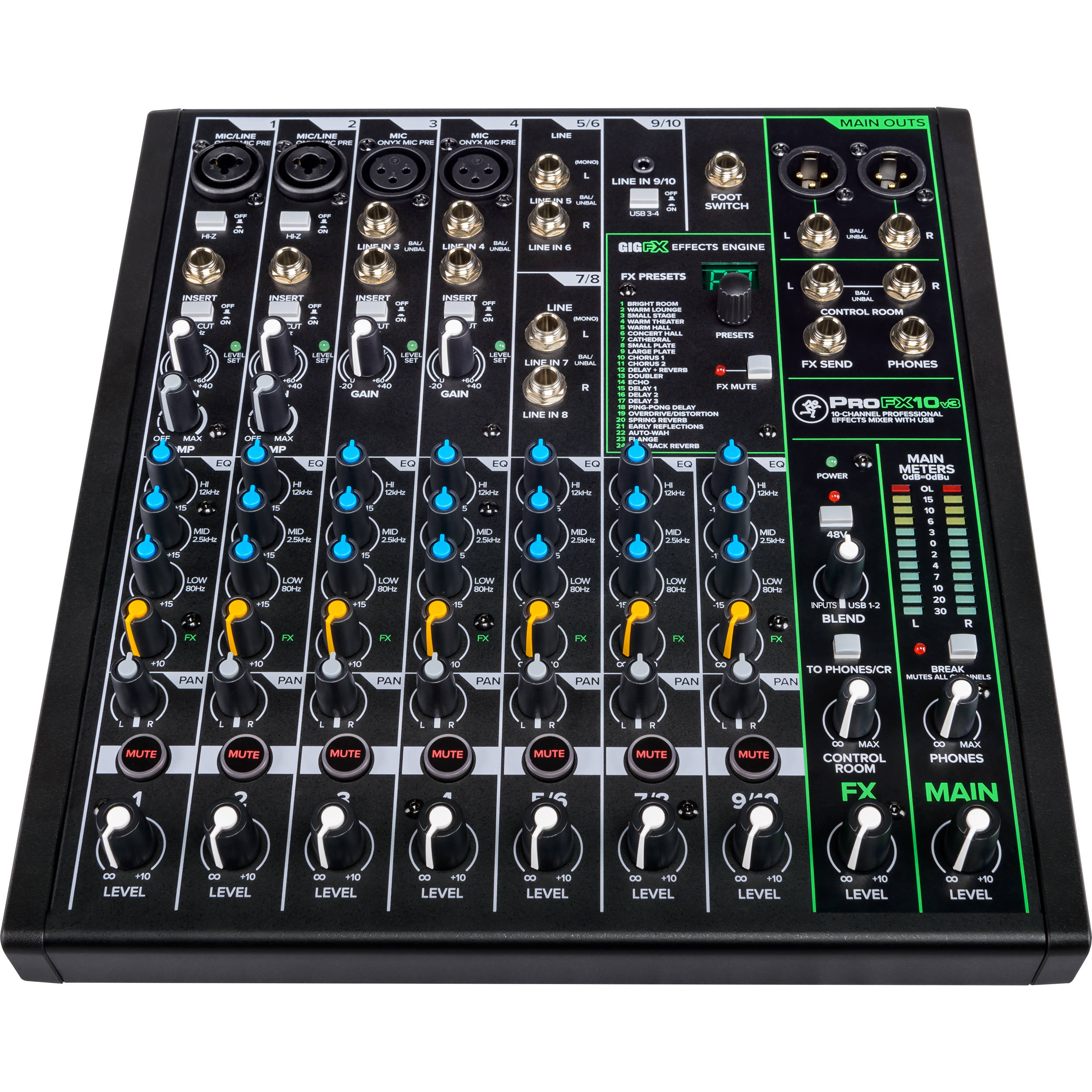 Mackie ProFX10v3 analog mixer with multiple channels and effects, showcasing its compact design and controls.