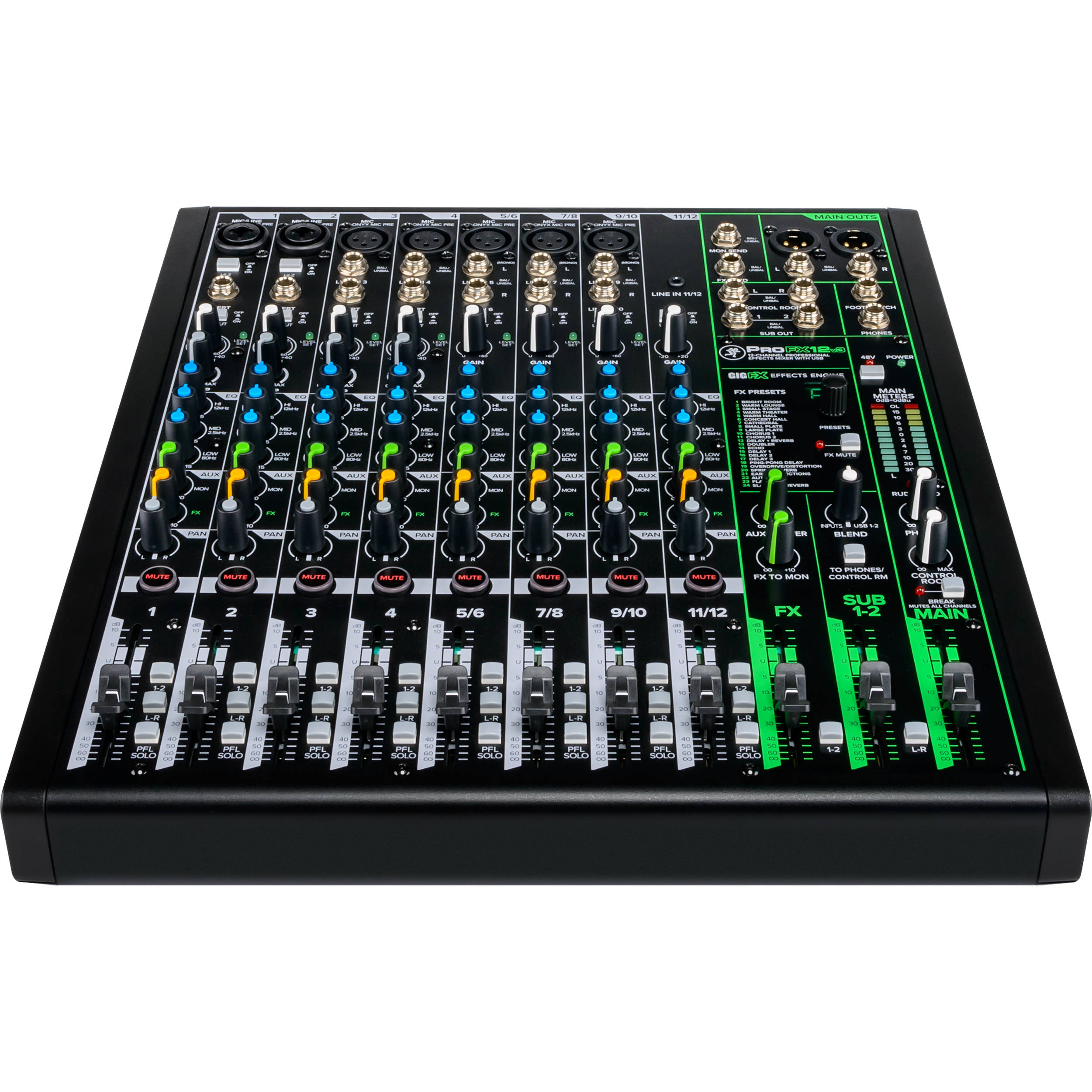 Mackie ProFX12v3 analog mixer with multiple input channels, knobs, and equalizer controls for audio mixing.