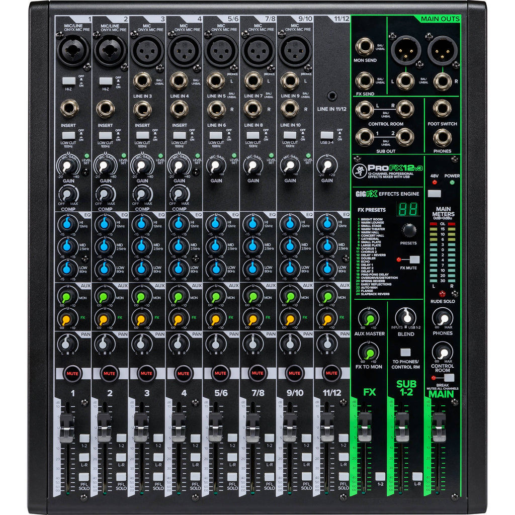 Mackie ProFX12v3 analog mixer with multiple channels, knobs, and input/output jacks for professional audio mixing.