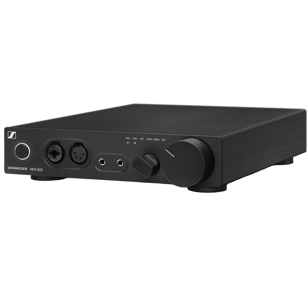 Sennheiser HDV 820 EU headphone amplifier and DAC with sleek black design and various input ports visible.