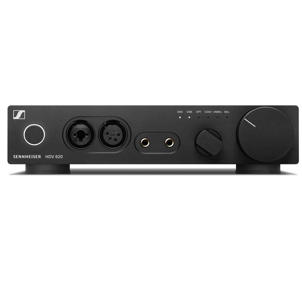Sennheiser HDV 820 EU headphone amplifier and DAC with sleek design and control knobs for high-quality audio output.