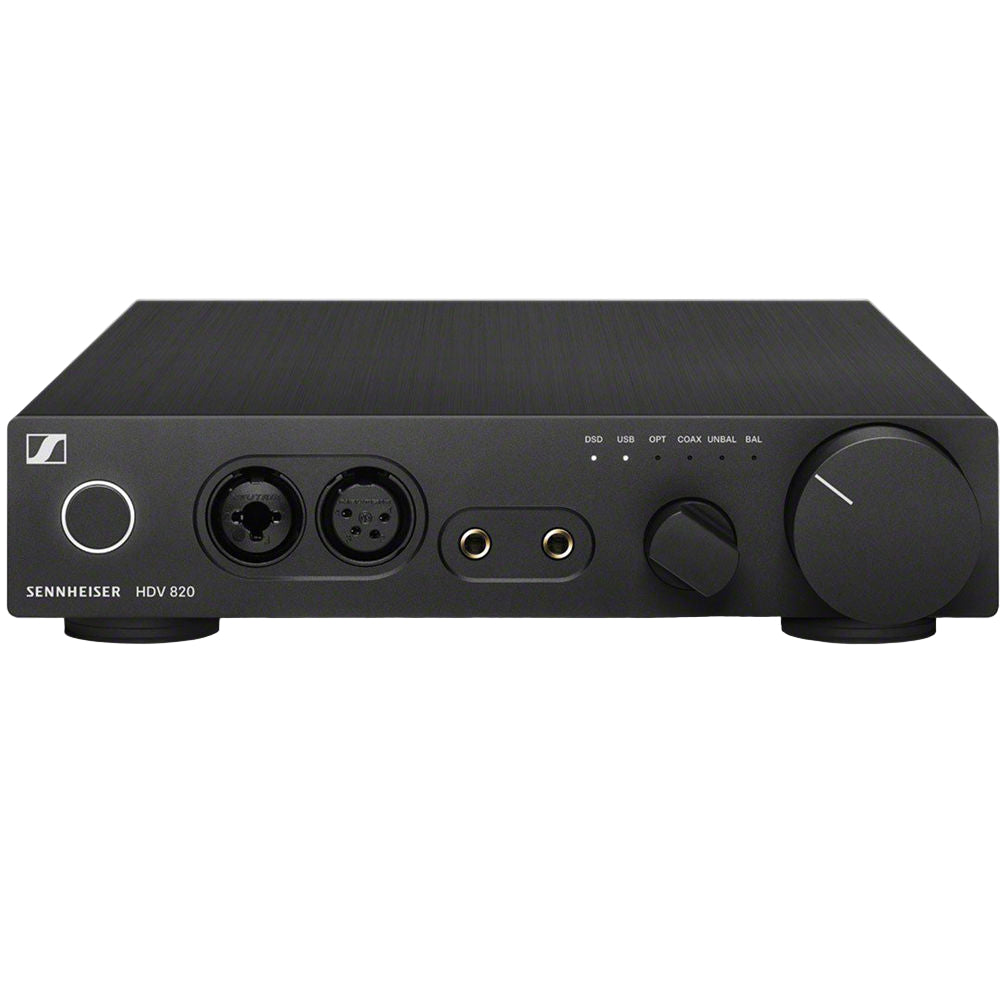Sennheiser HDV 820 EU headphone amplifier and DAC with sleek black design and control knobs.