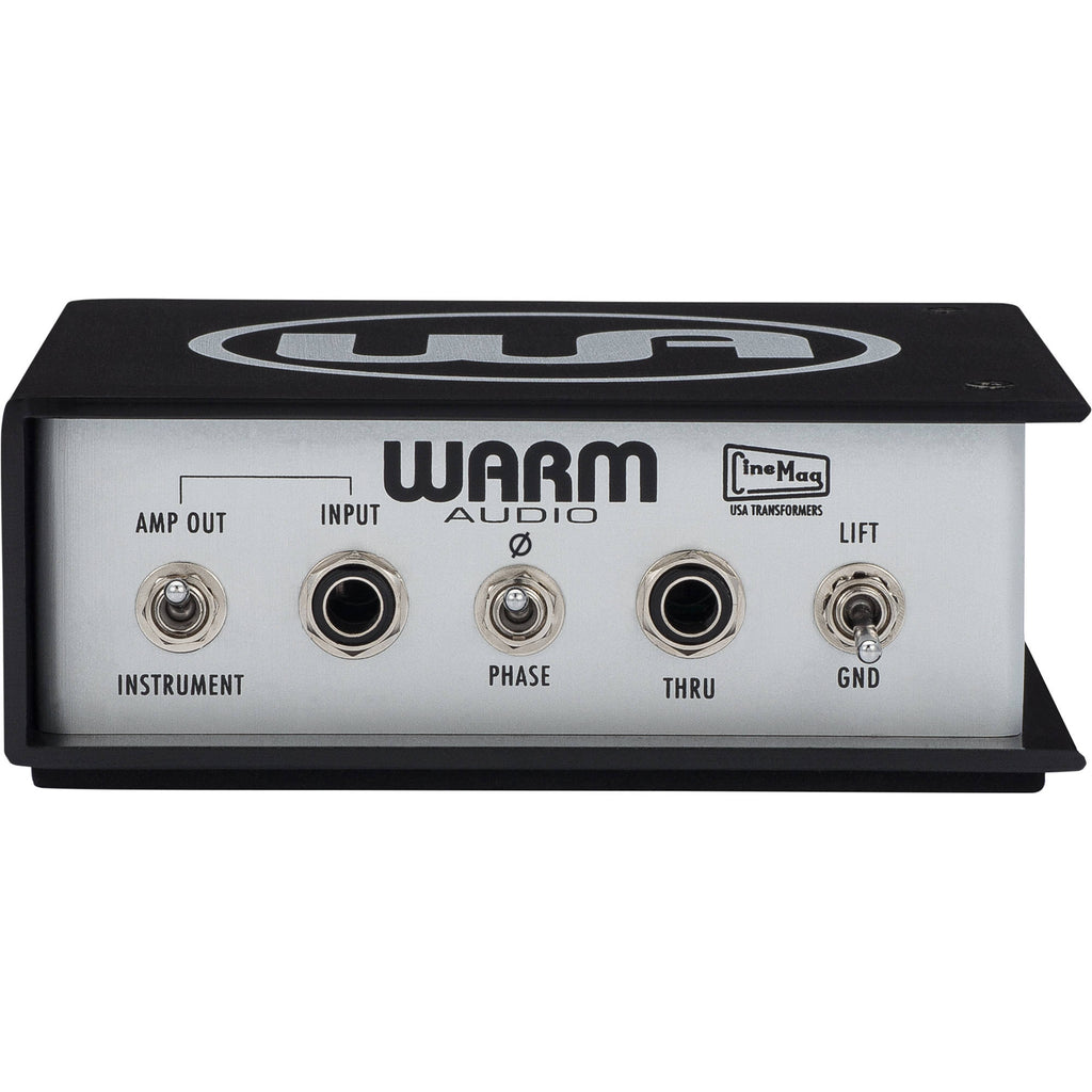 Warm Audio WA-DI-A DI box shown with input and output jacks, compact design, ideal for professional audio instrument connection.