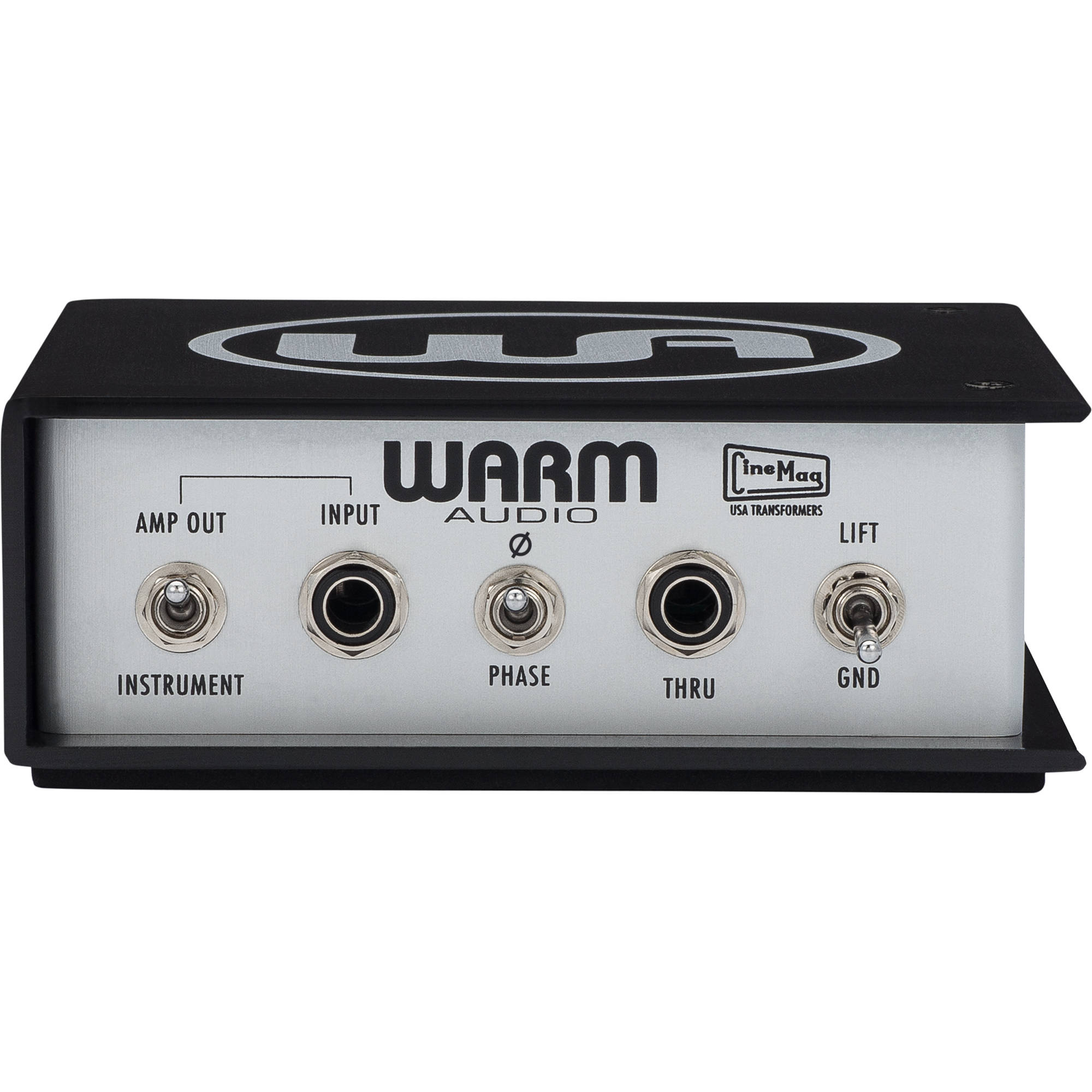Warm Audio WA-DI-A DI box shown with input and output jacks, compact design, ideal for professional audio instrument connection.