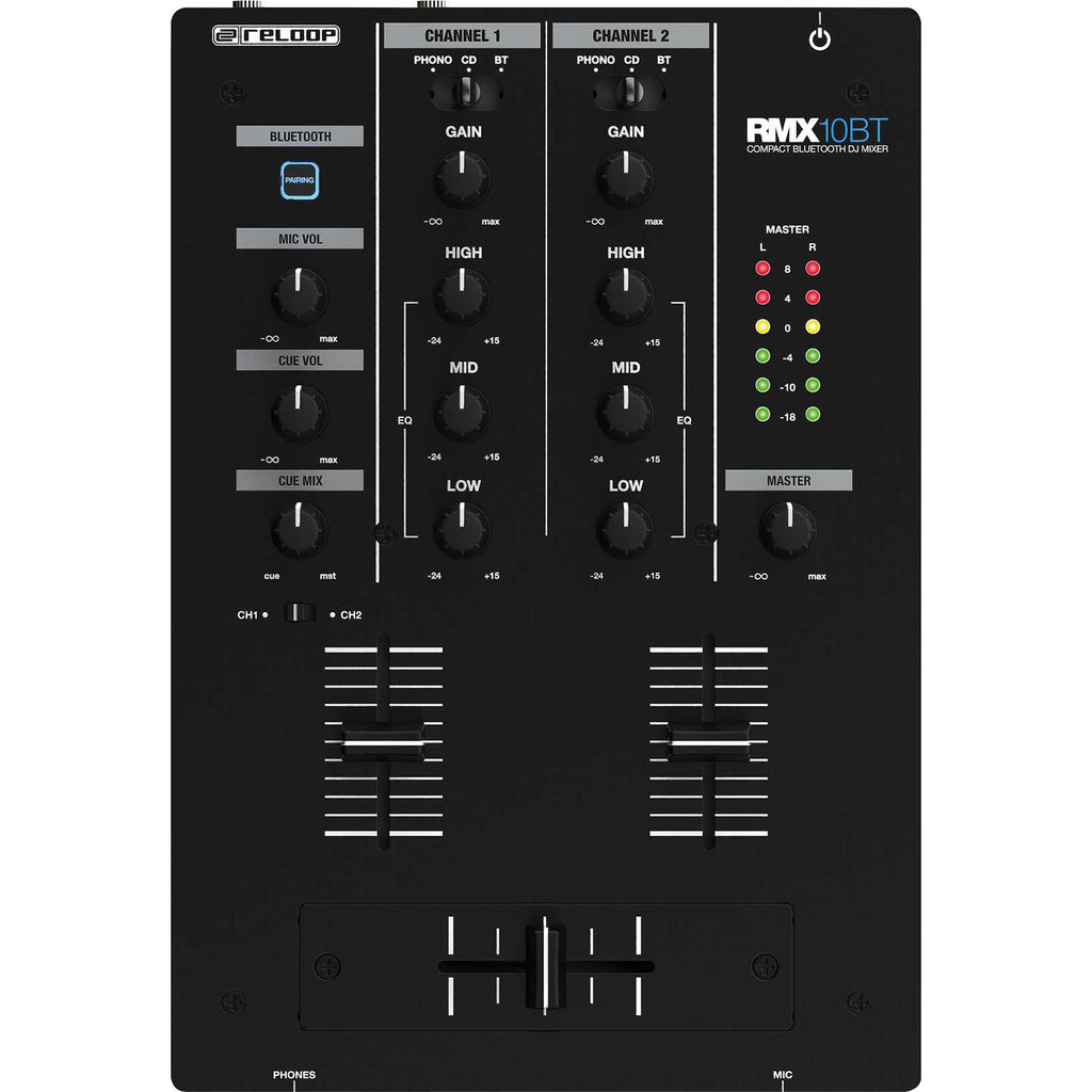Reloop RMX-10 BT DJ mixer with dual channels, Bluetooth connectivity, and professional controls for mixing music.