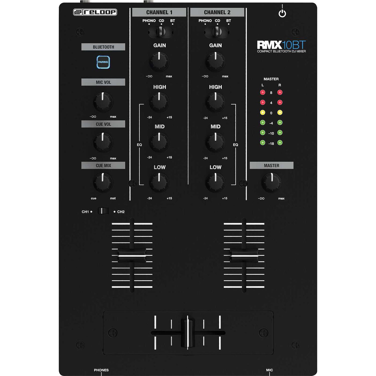 Reloop RMX-10 BT DJ mixer with dual channels, Bluetooth connectivity, and professional controls for mixing music.