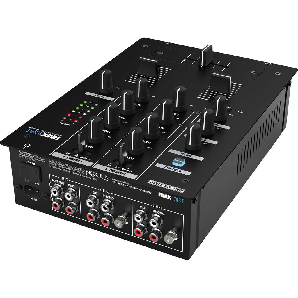 Reloop RMX-10 BT DJ mixer with multiple knobs, faders, and Bluetooth connectivity for professional sound control.