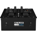 Reloop RMX-10 BT DJ mixer with multiple control knobs and connection ports, featuring a sleek black design and professional layout.