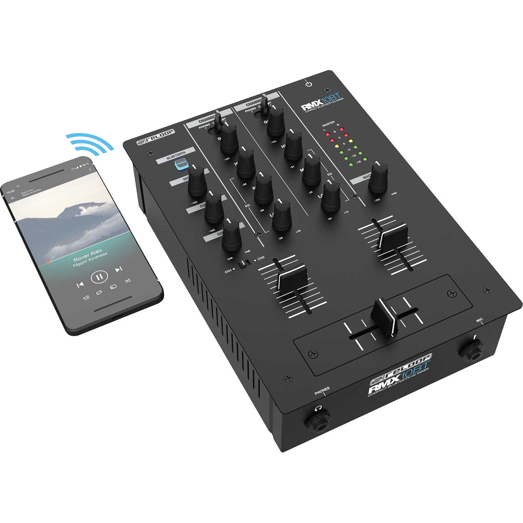 Reloop RMX-10 BT DJ mixer with dual channels, knobs, and volume controls, designed for professional DJ mixing setups.
