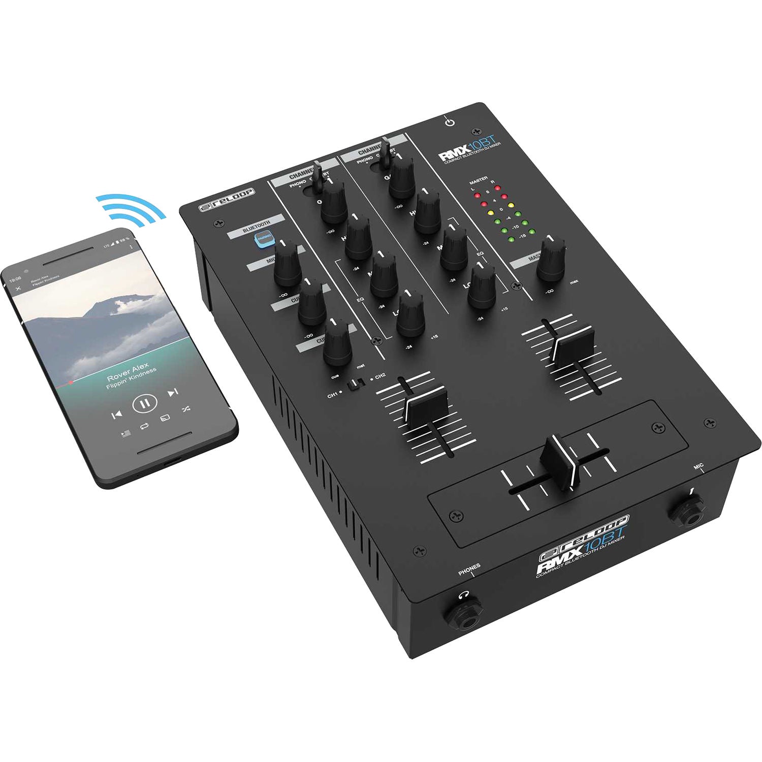 Reloop RMX-10 BT DJ mixer with dual channels, knobs, and volume controls, designed for professional DJ mixing setups.