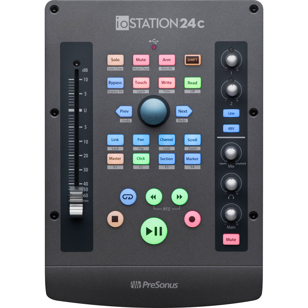 Presonus iOStation 24c DAW controller with multiple knobs, faders, and audio interface inputs for music production.