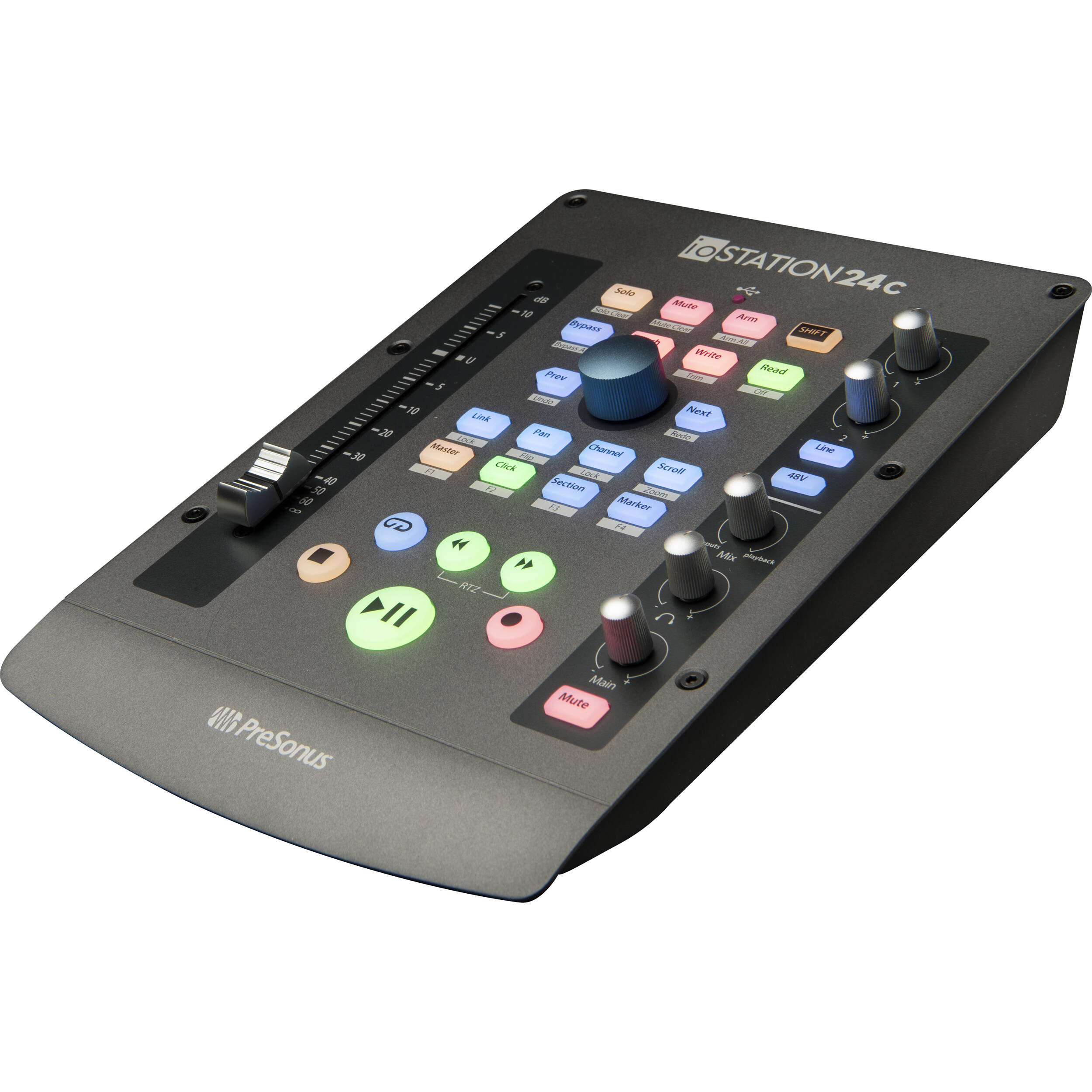 Presonus iOStation 24c DAW controller with audio interface, featuring compact design, knobs, and input/output connections.