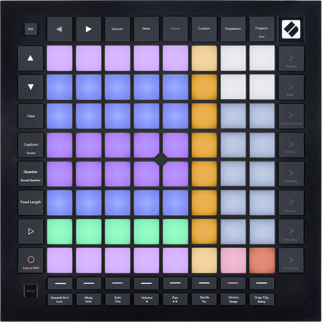 Novation Launchpad Pro MK3 MIDI controller with grid of colorful velocity-sensitive pads for music sequencing and production.