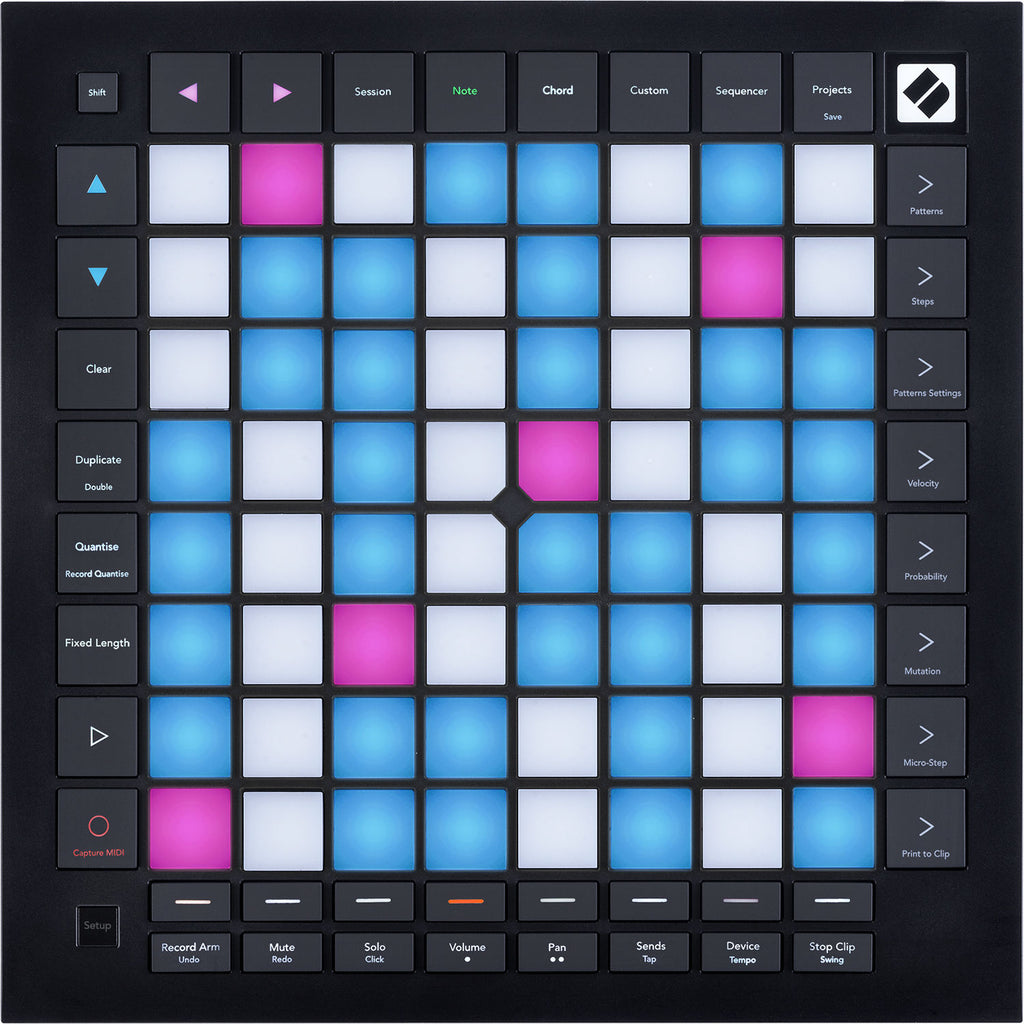 Novation Launchpad Pro MK3 MIDI controller with grid of colorful pads and control buttons for music sequencing and production.