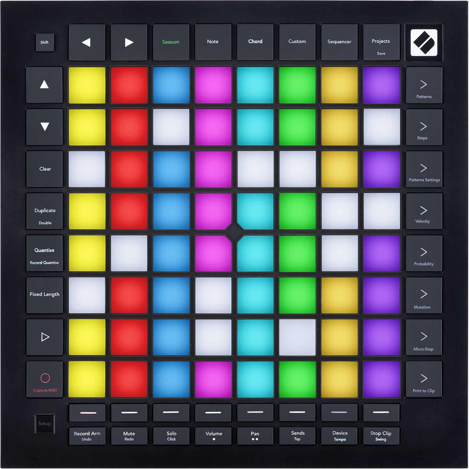 Novation Launchpad Pro MK3 MIDI controller with grid of colorful pads for music sequencing and performance.