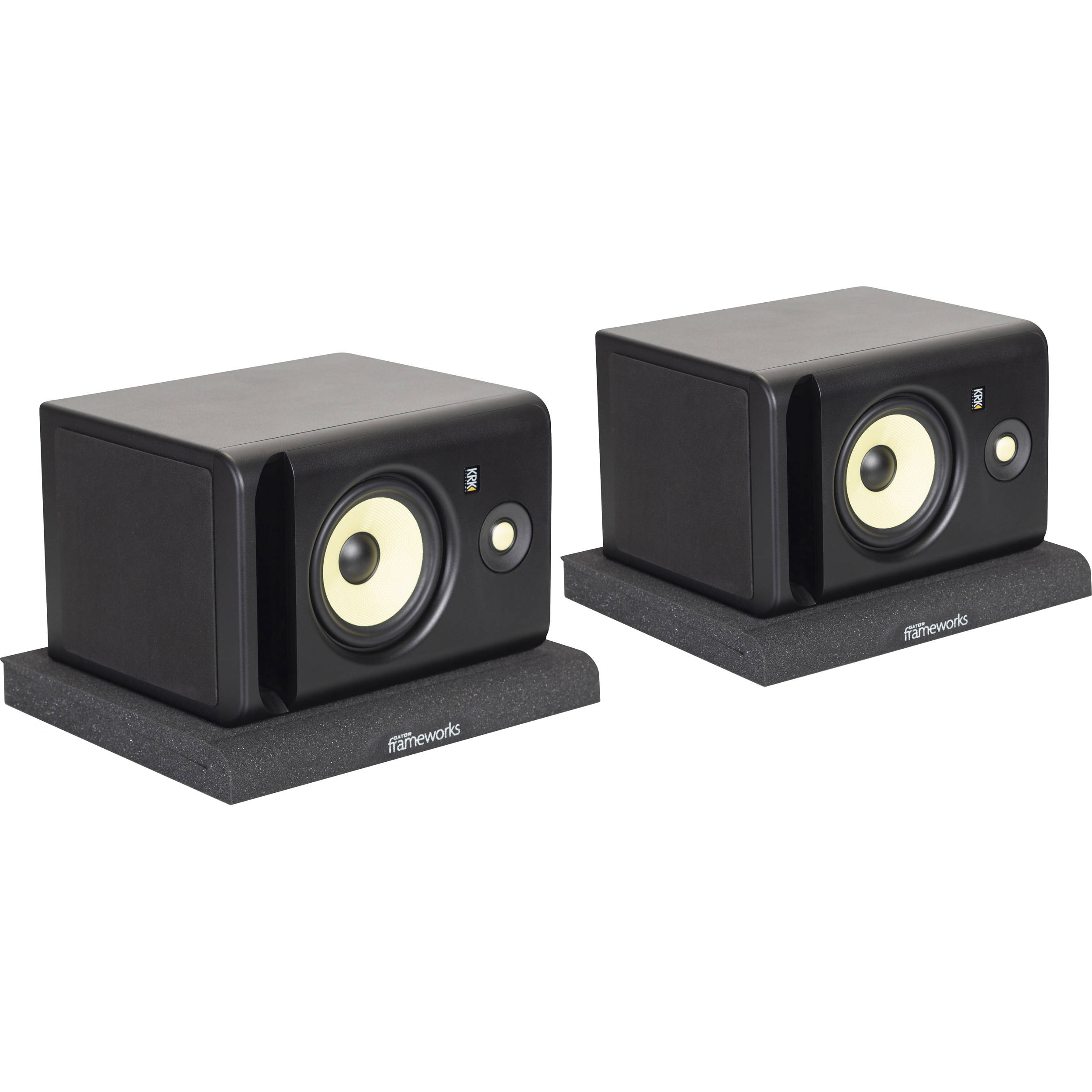 Gator Studio Monitor Isolation Pads on studio monitor stands, designed to reduce vibration and improve sound clarity.