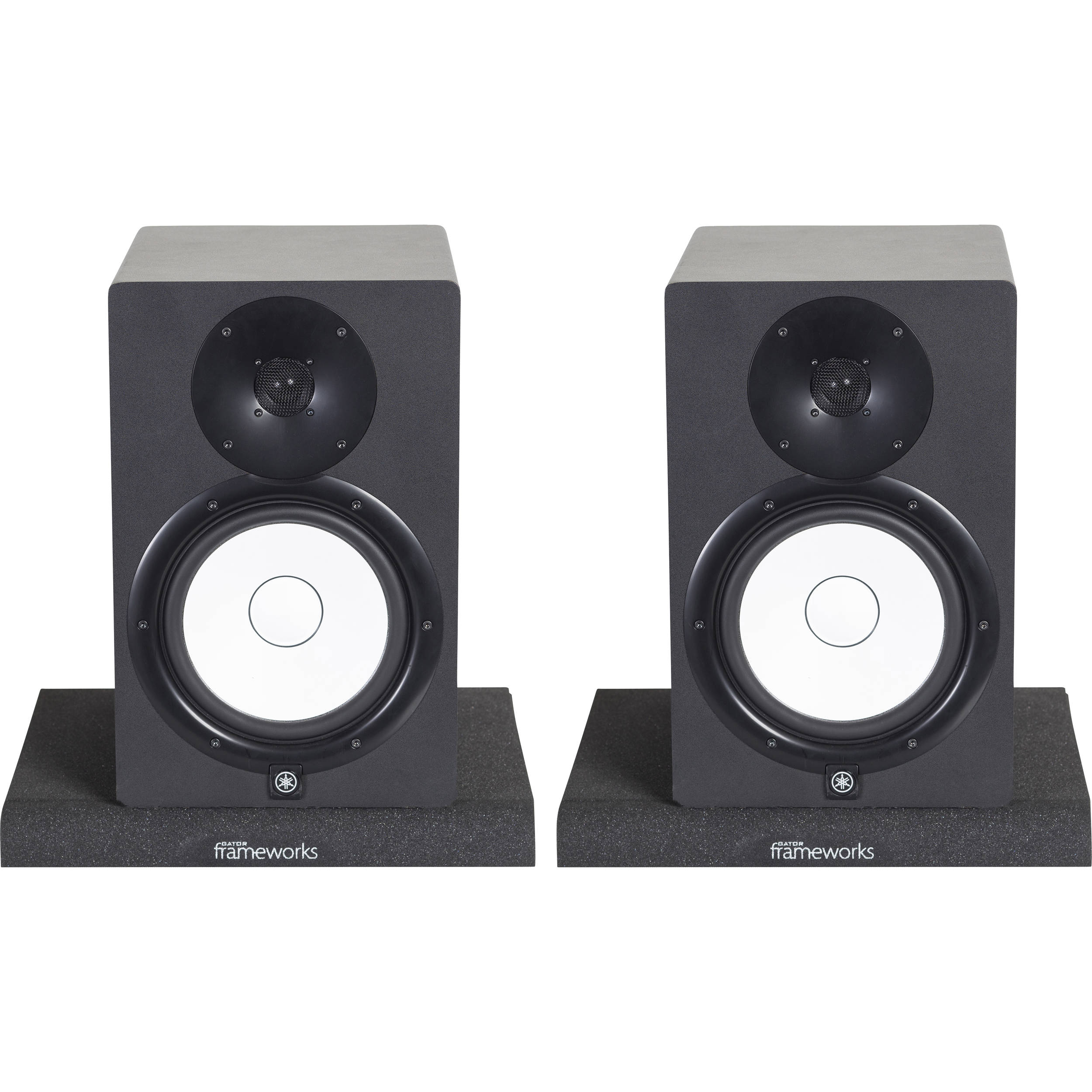 Gator Studio Monitor Isolation Pads on studio monitor stands for improved sound clarity and vibration reduction.