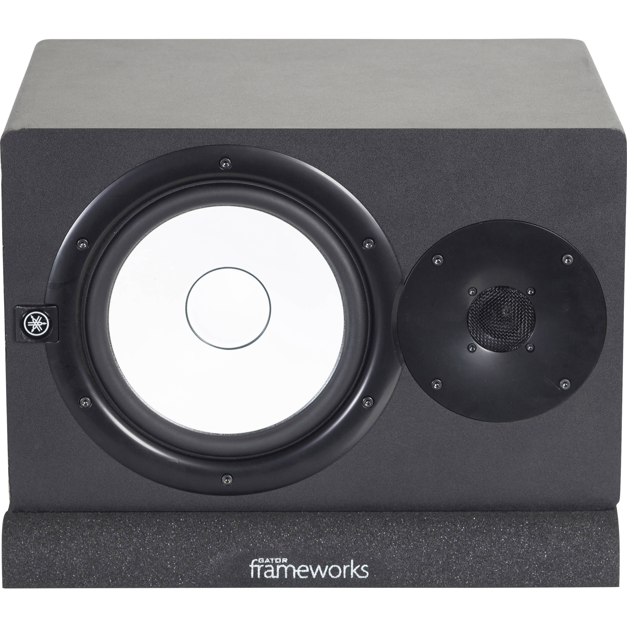 Gator Studio Monitor Isolation Pads placed on studio monitor stands for vibration reduction and sound clarity.