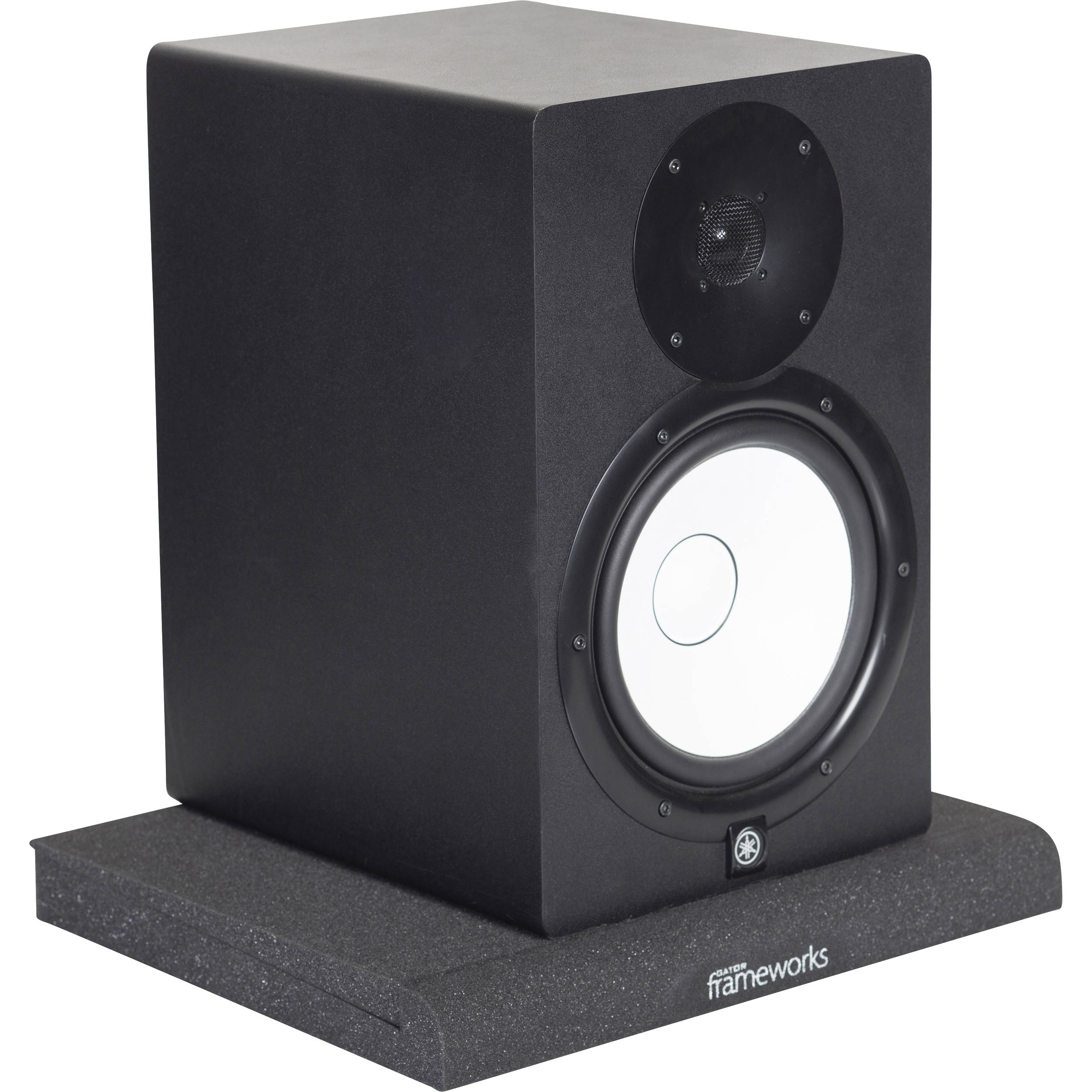 Gator Studio Monitor Isolation Pads on studio monitor stands, providing vibration reduction and improved sound clarity.