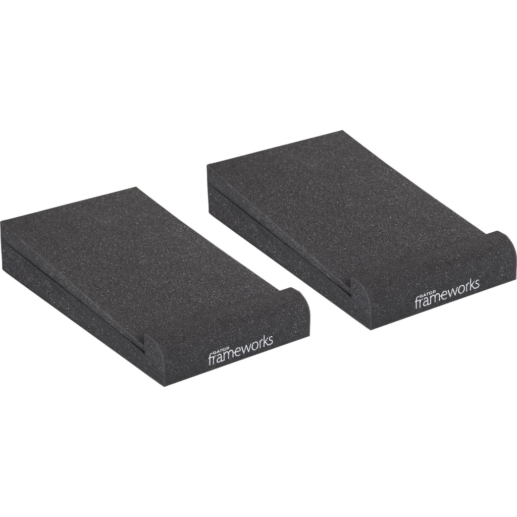 Gator Studio Monitor Isolation Pads placed on studio monitor stands for sound isolation and improved audio clarity.