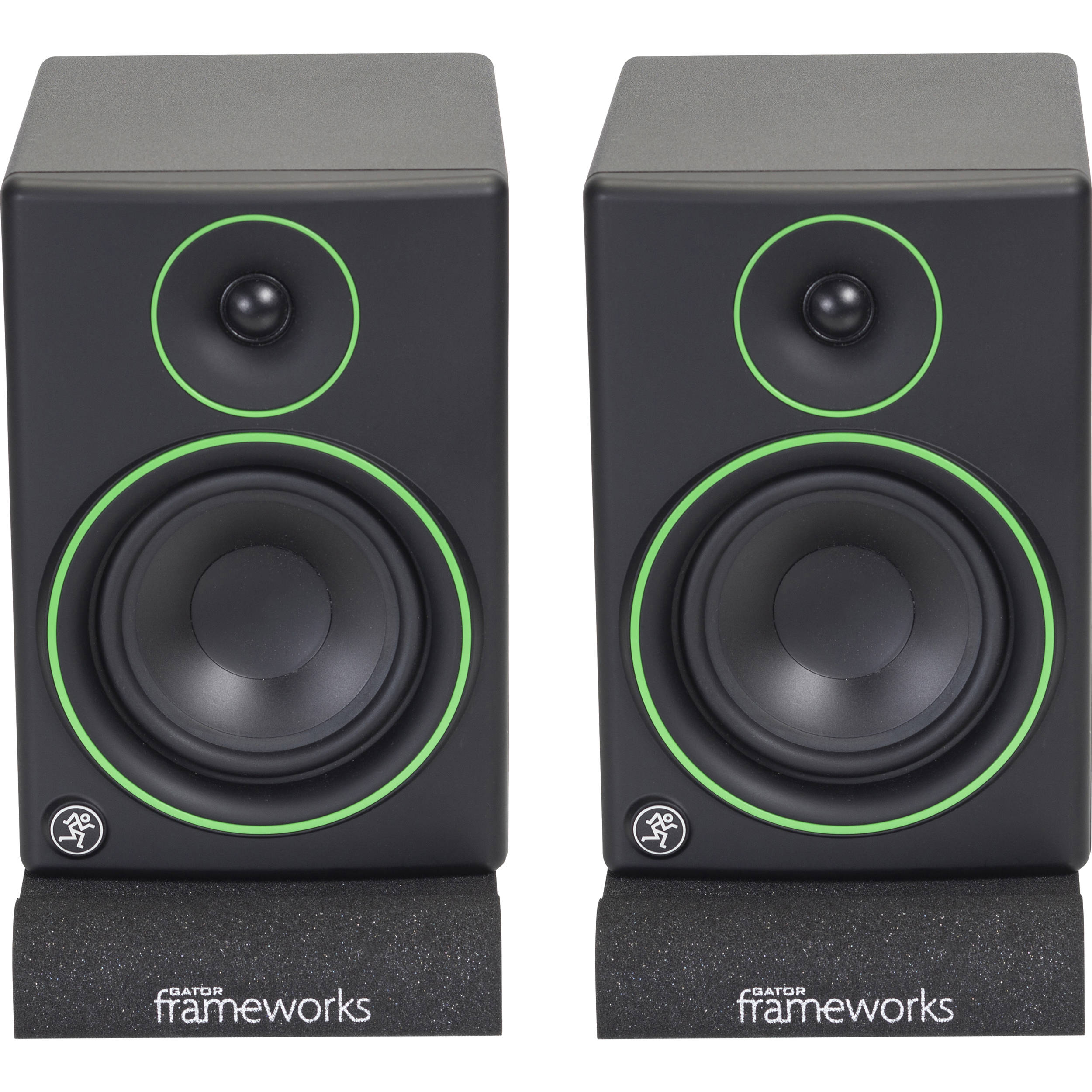 Gator Studio Monitor Isolation Pads placed on studio monitor stands for sound isolation and improved audio clarity.