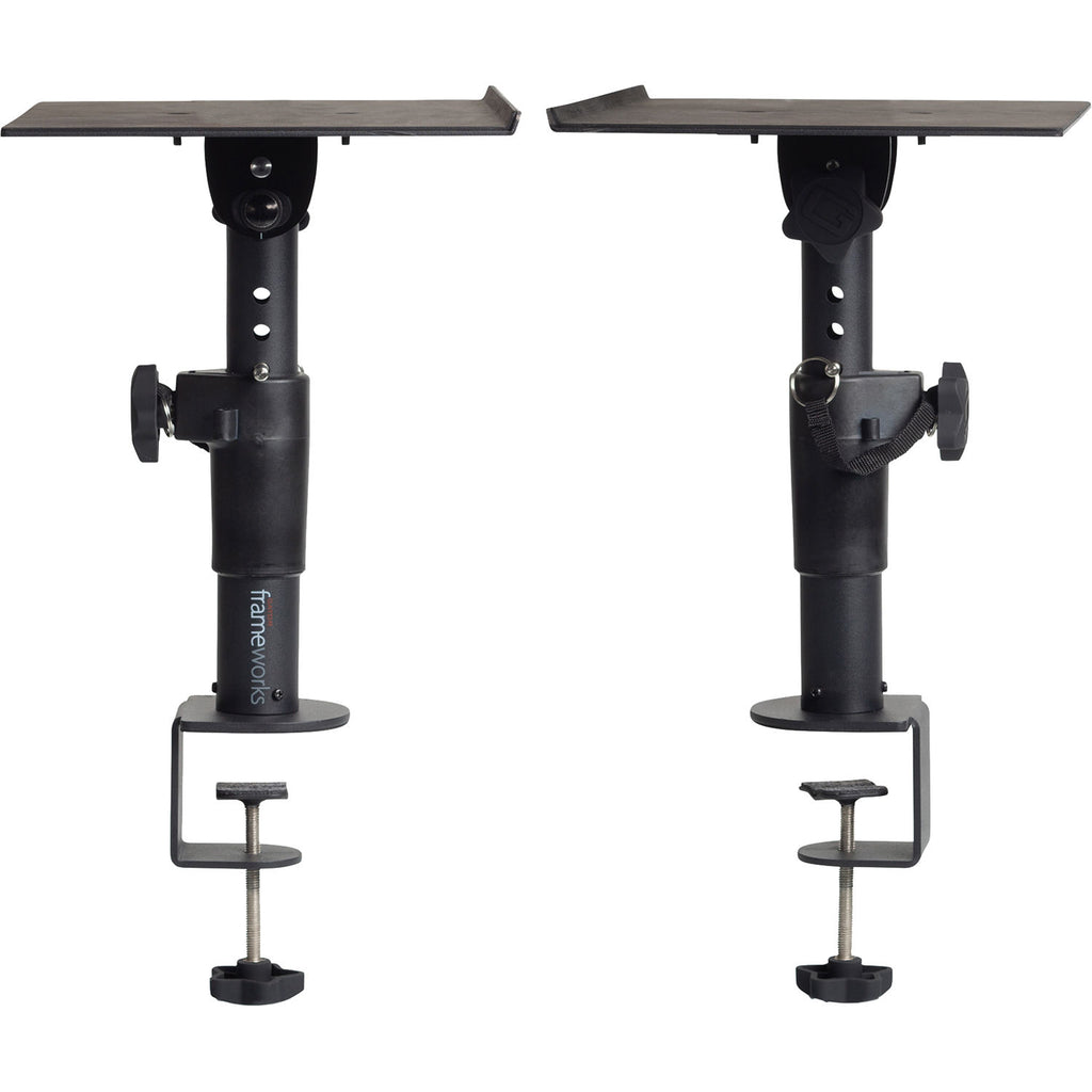 Gator Clamp-On Studio Monitor Stands with adjustable brackets and sturdy construction for professional audio setup.