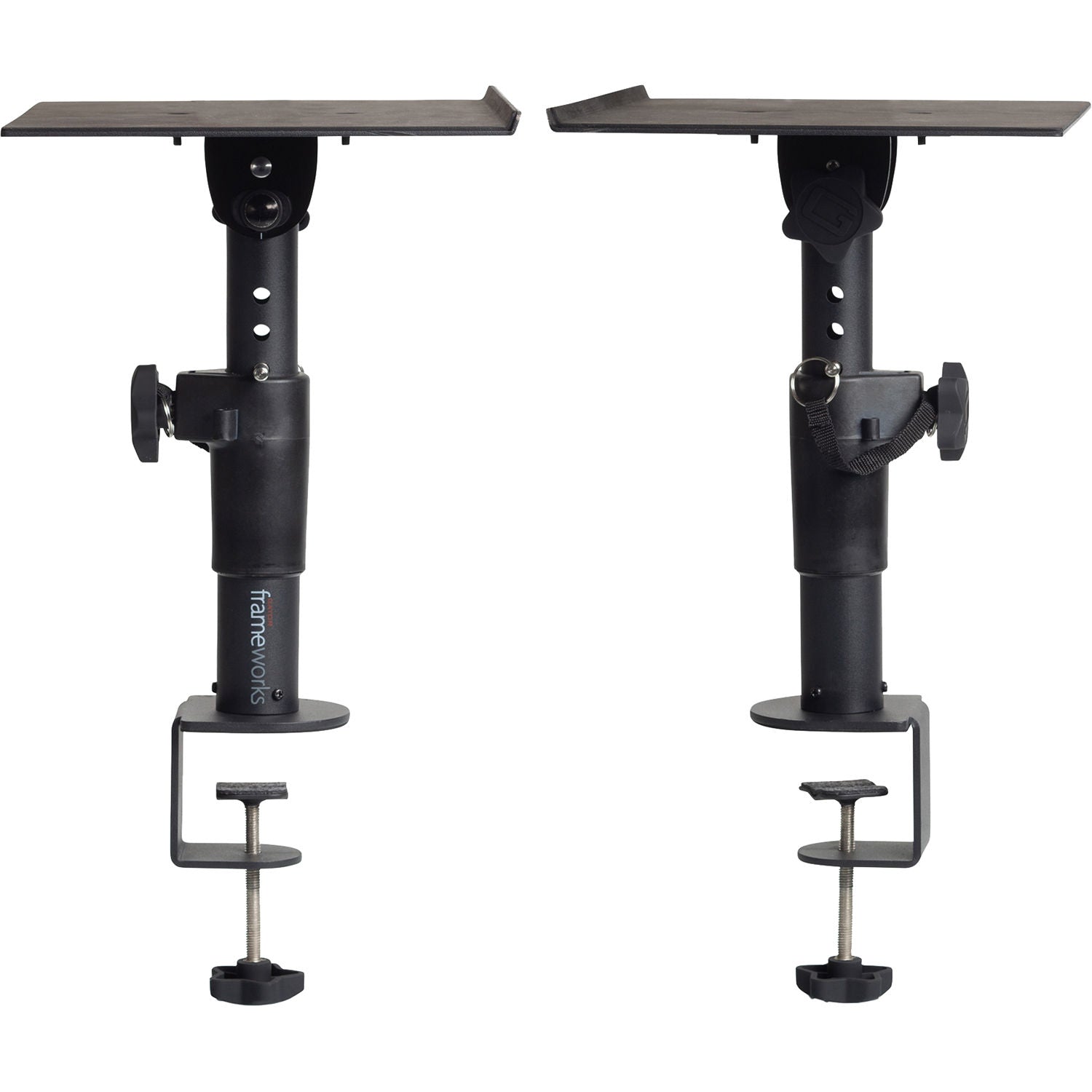 Gator Clamp-On Studio Monitor Stands with adjustable brackets and sturdy construction for professional audio setup.