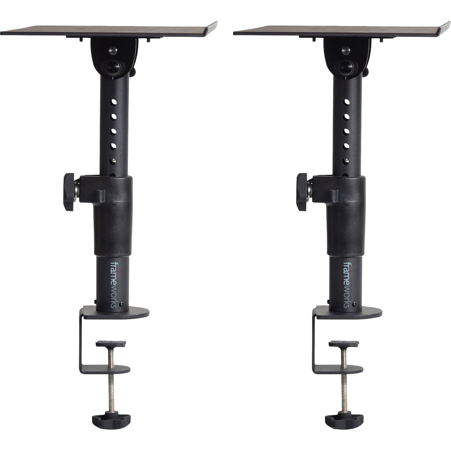 Gator Frameworks clamp-on studio monitor stands with adjustable arms and sturdy construction for professional audio setup.