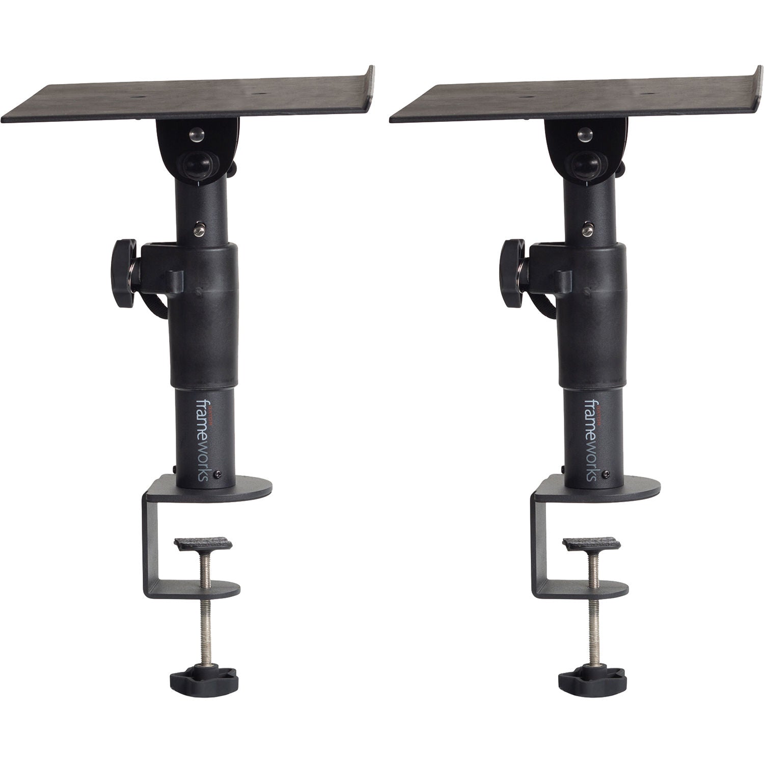 Gator Frameworks clamp-on studio monitor stands with adjustable arms and black finish, designed for professional audio setup.
