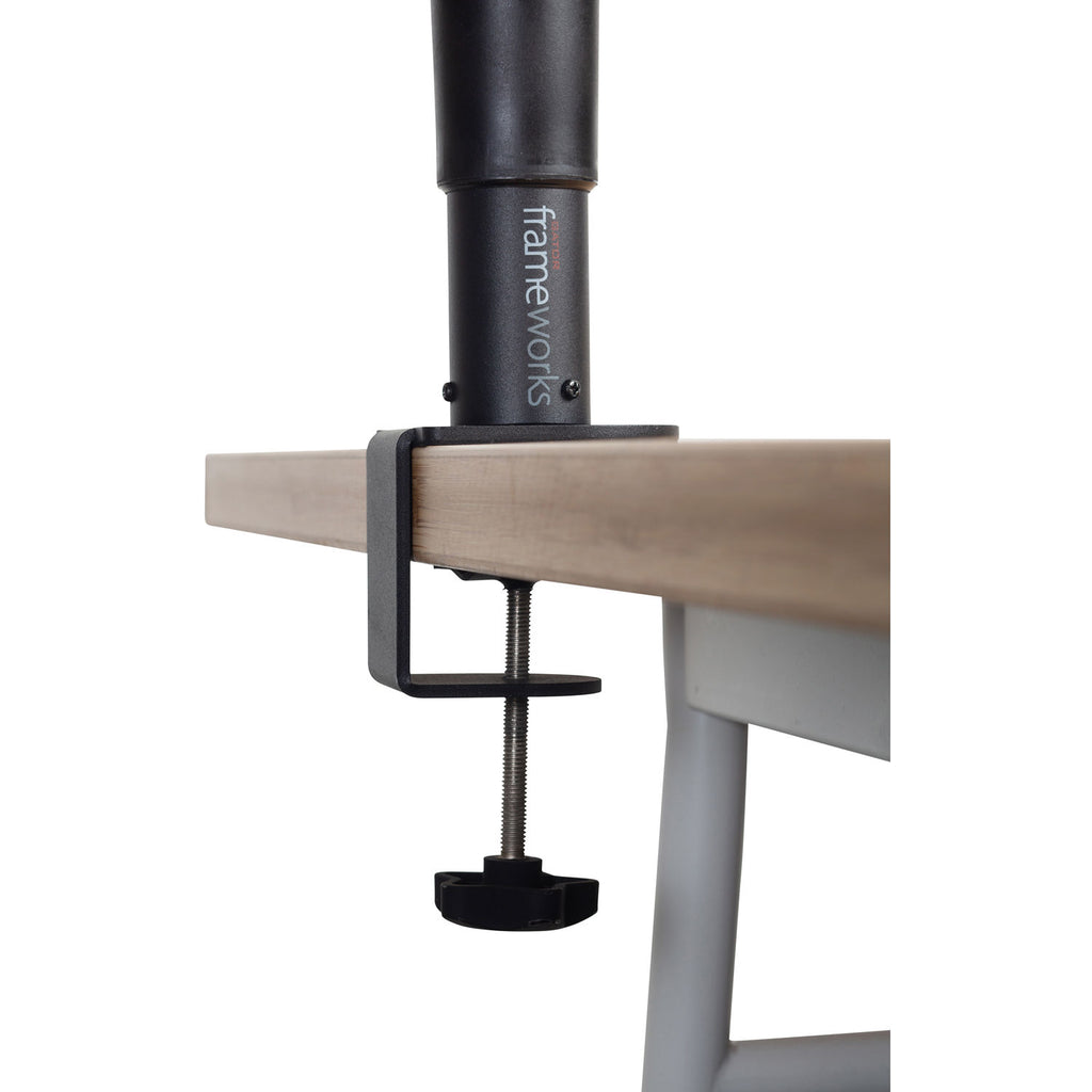 Gator Clamp-On Studio Monitor Stands with adjustable arms and sturdy base, designed to elevate and secure studio monitors.