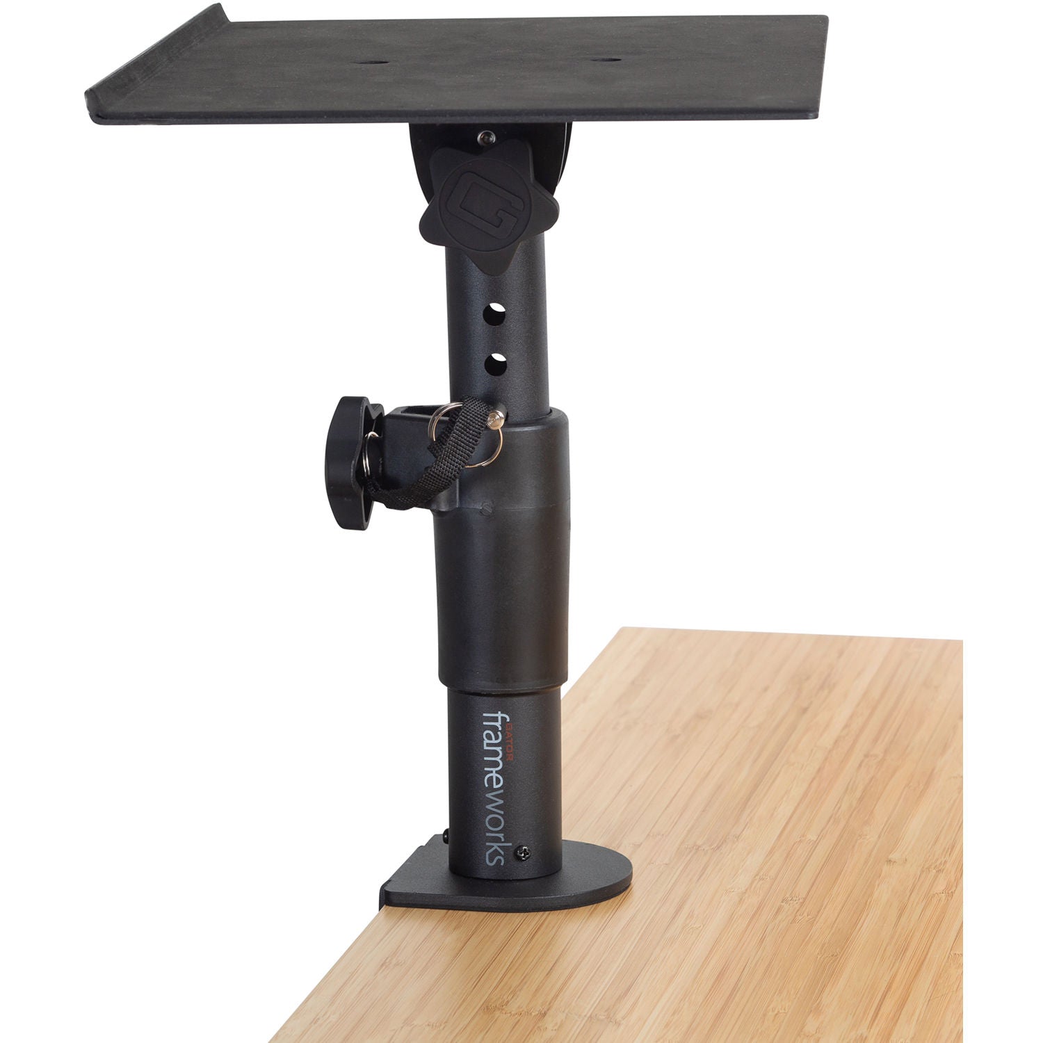 Gator Frameworks clamp-on studio monitor stands with adjustable arms and sturdy metal construction for professional audio setup.