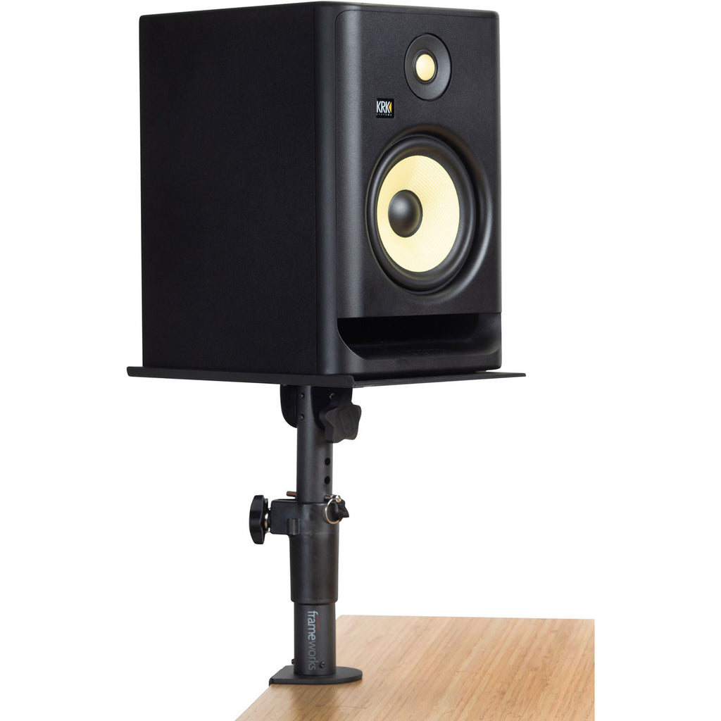 Gator Clamp-On Studio Monitor Stands with adjustable arms and sturdy metal construction for professional audio setup.