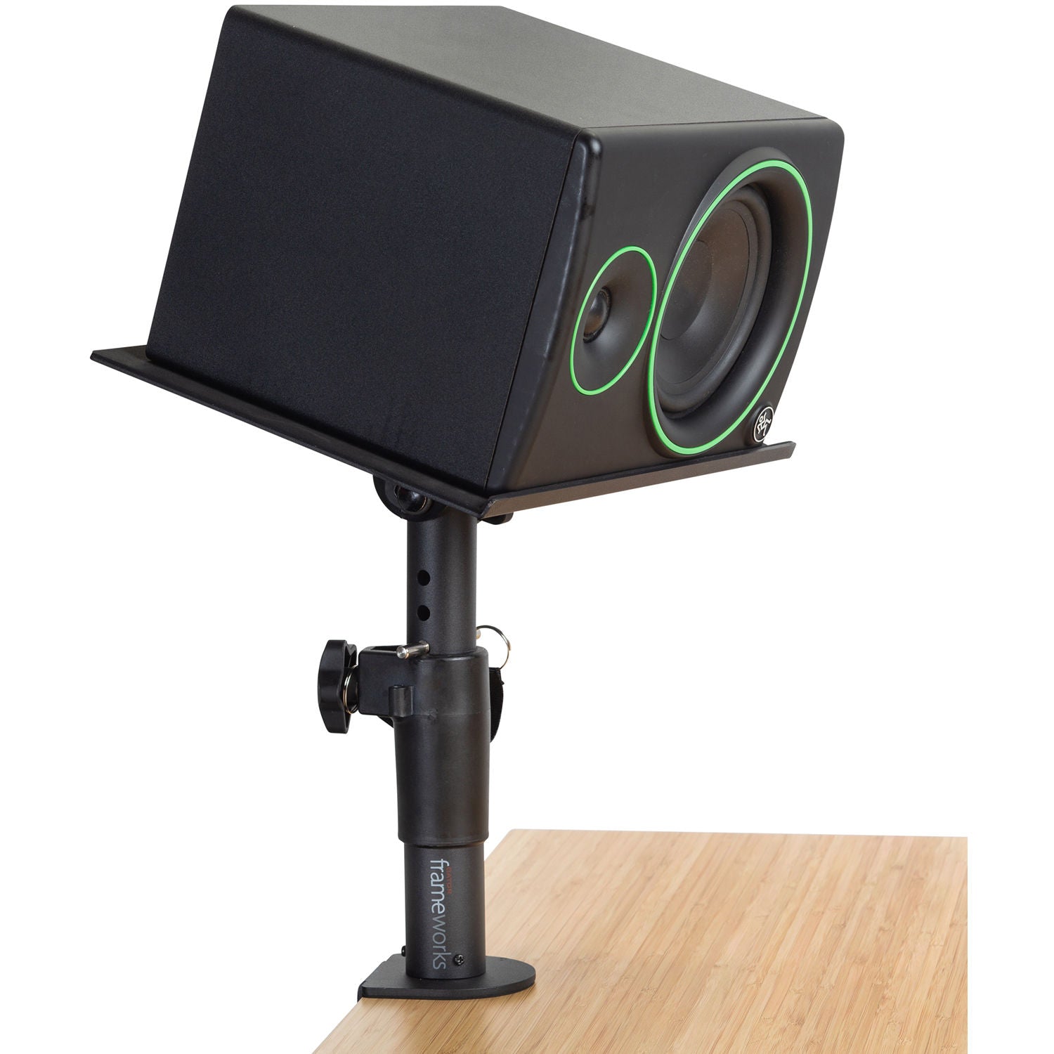 Gator Frameworks clamp-on studio monitor stands with adjustable arms and padded grips for secure speaker positioning.