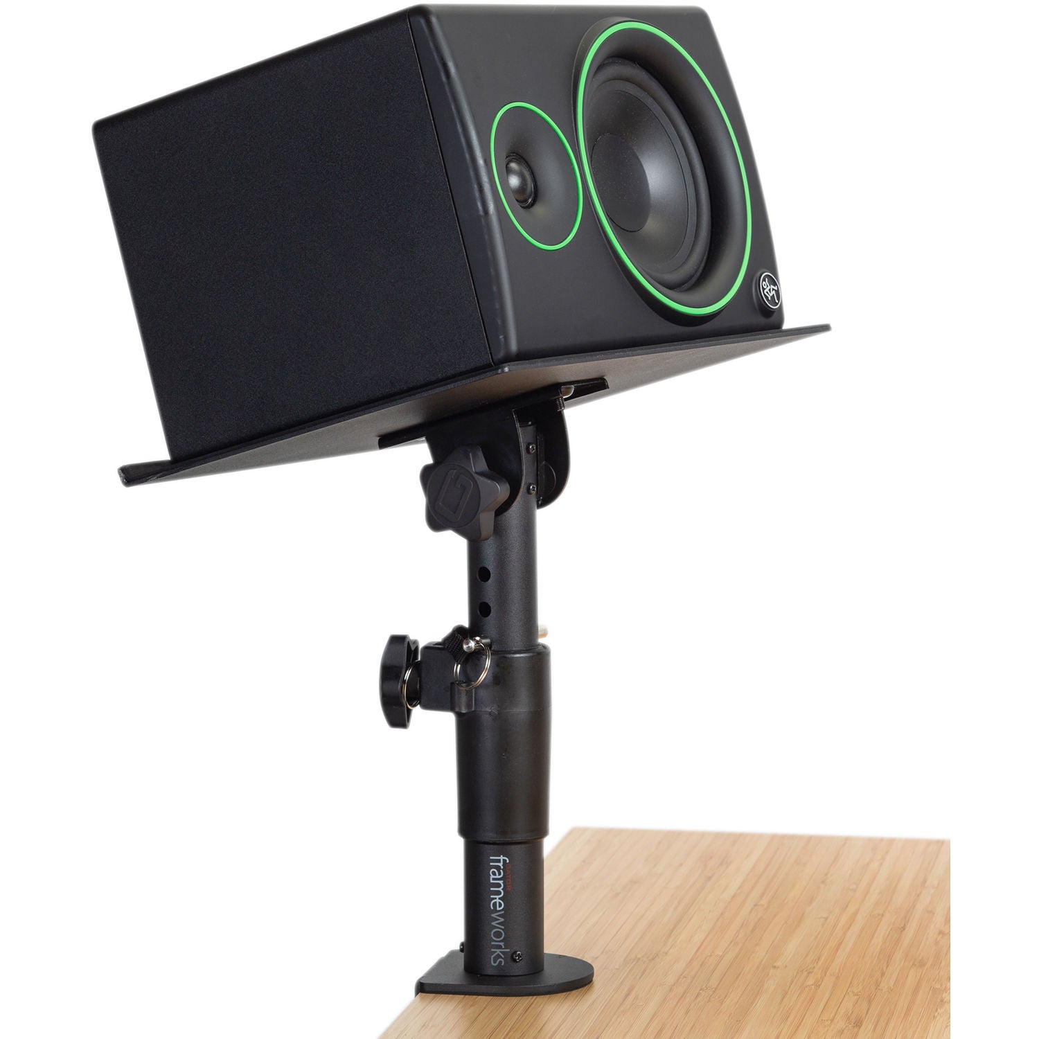 Gator Clamp-On Studio Monitor Stands with adjustable arms and mounting clamps for secure speaker positioning