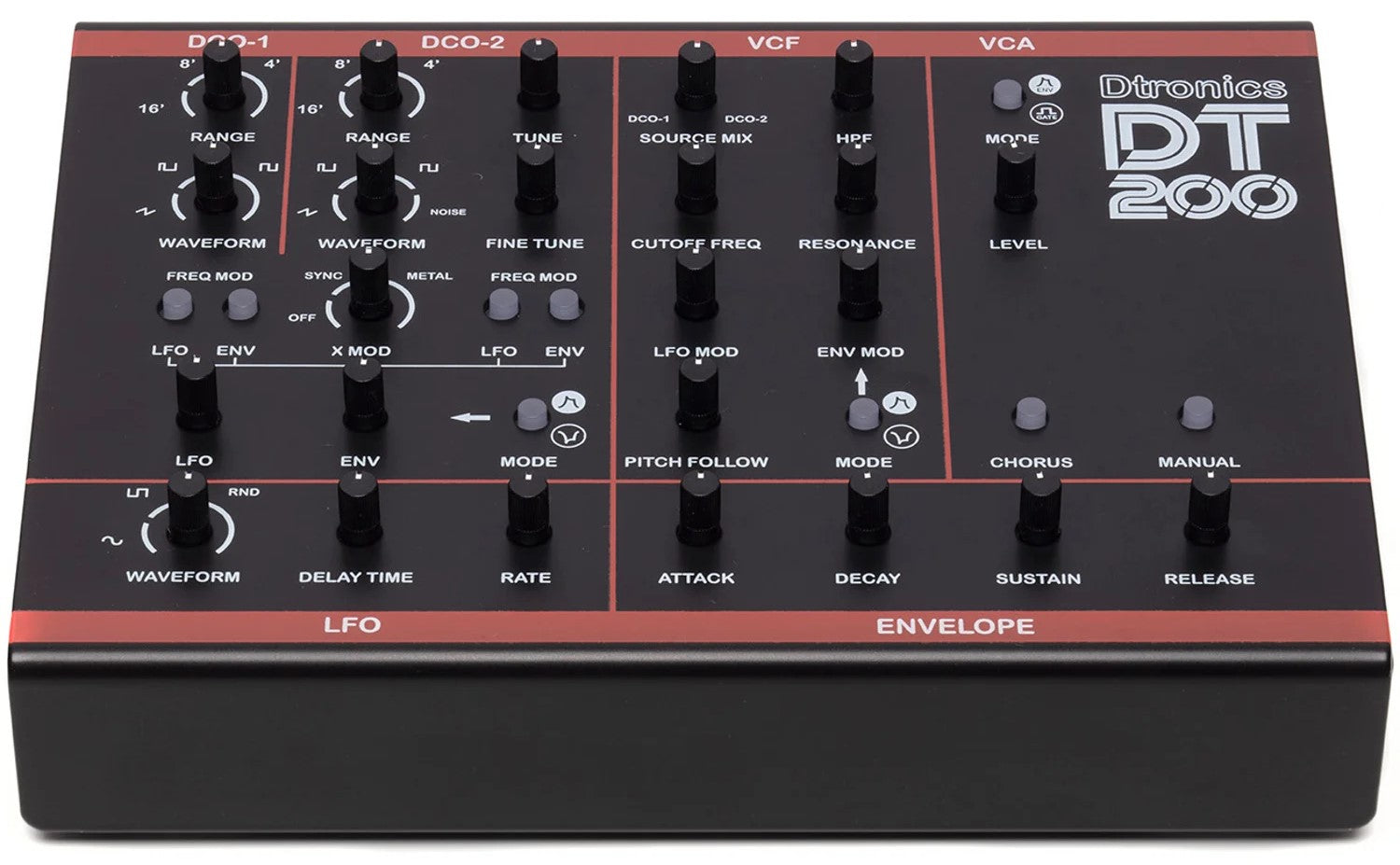 Dtronics DT-200 V3 synthesizer with knobs, buttons, and display screen, showcasing its electronic music interface and controls.