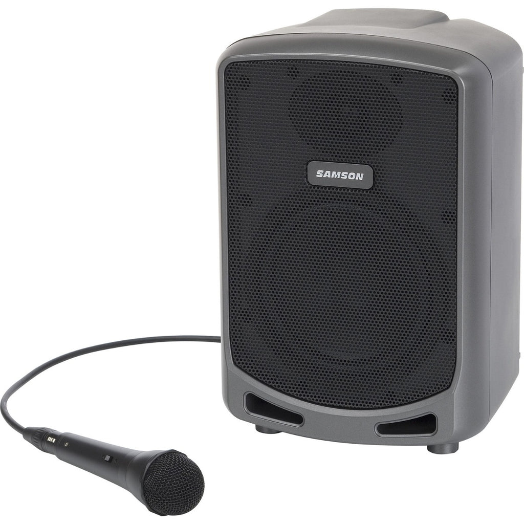 Samson Expedition Express+ portable PA speaker system with a compact design and built-in microphone input.