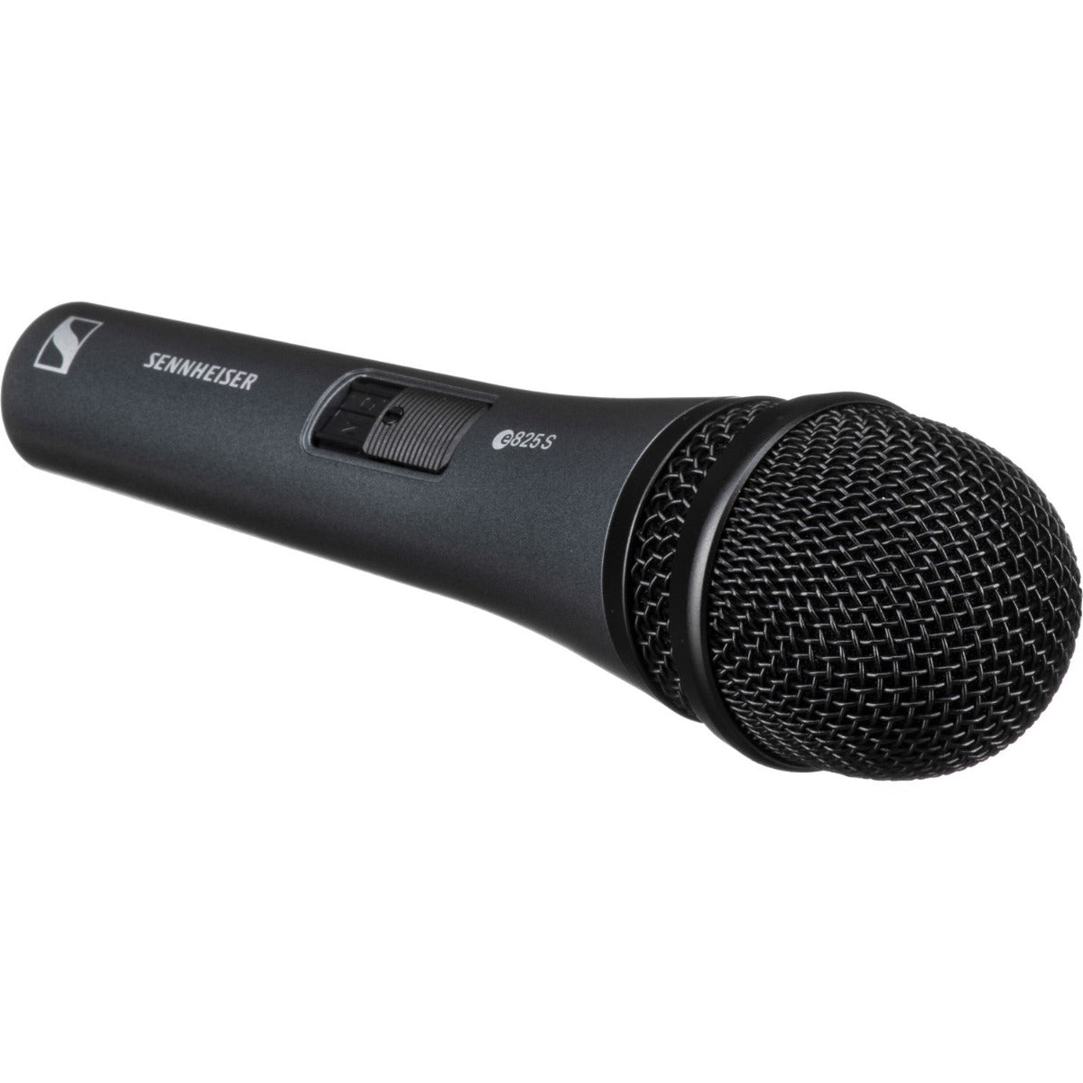Sennheiser E 825-S dynamic microphone shown with metal grille and black body, ideal for live vocal performances.